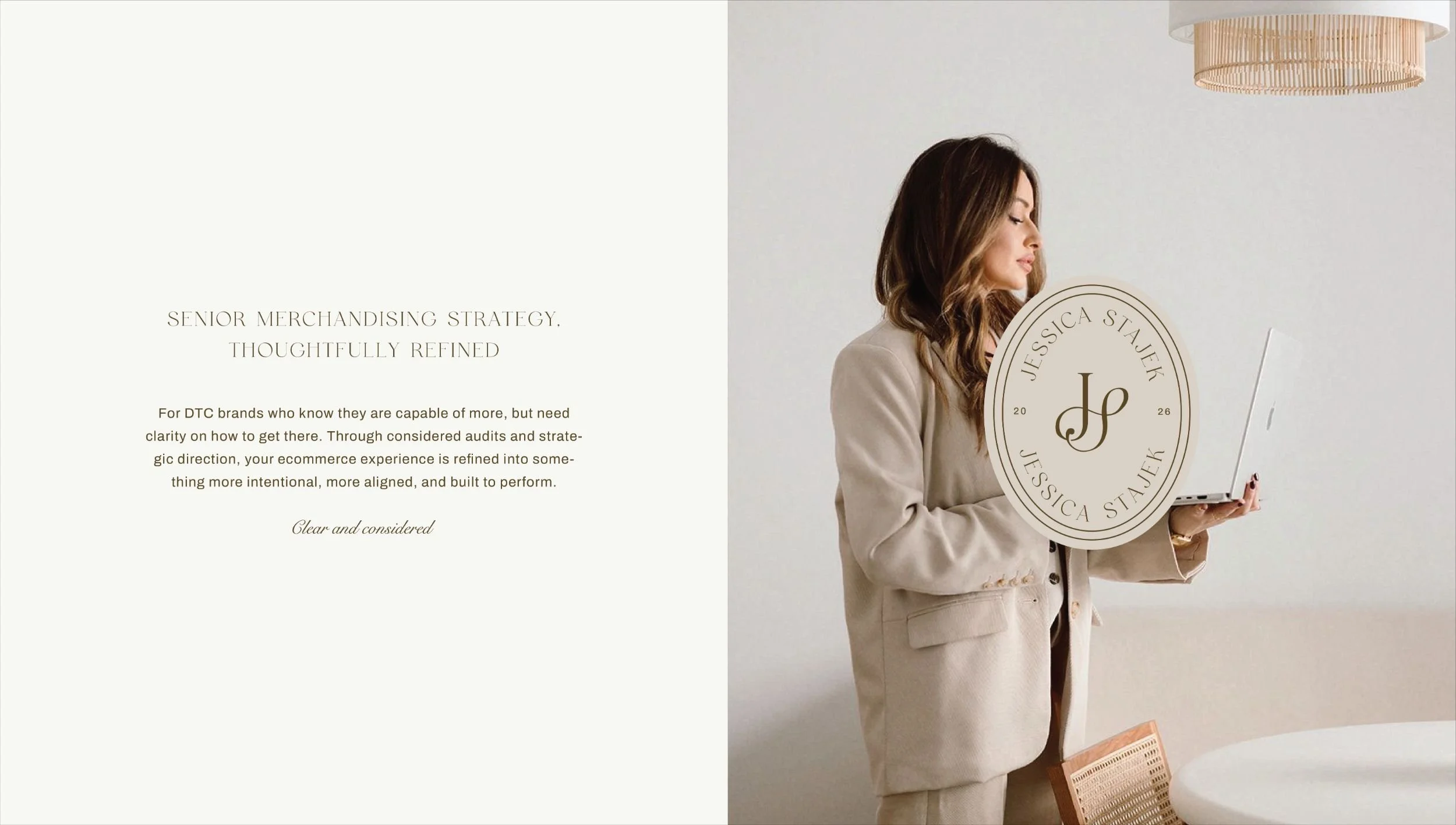 Custom monogram logo design for ecommerce consultant Jessica Stajek featuring bespoke letterform customisation and elegant typography.