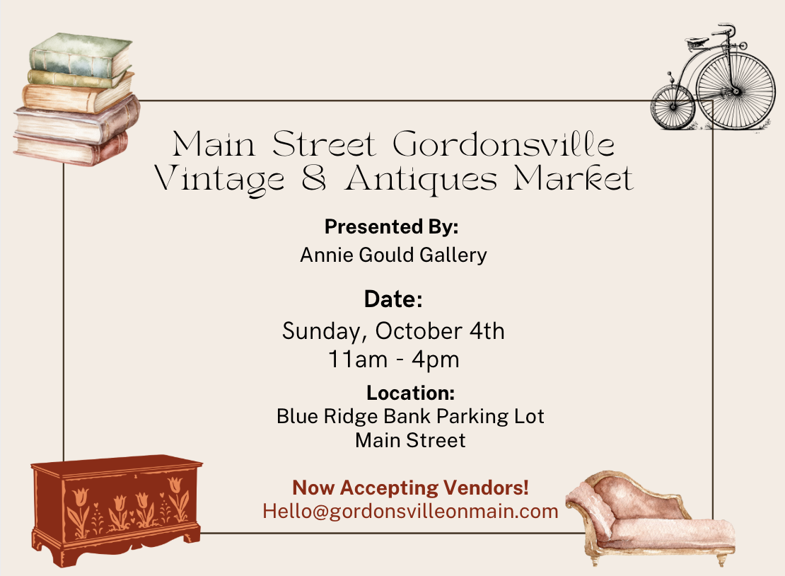 Event flyer for the Main Street Gordonsville Vintage & Antiques Market featuring illustrations of stacked books, a vintage bicycle, a decorative red chest, and a pink upholstered chaise lounge.