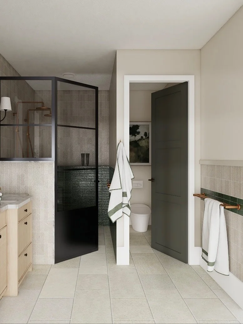 Soft textures, warm neutrals, and that deep green tile moment 🍃 

This bathroom visual for @donna_guyler_design Interiors blends coastal calm with elevated detailing&mdash;think fluted cabinetry, chevron cladding, marble counters, and brass fixtures