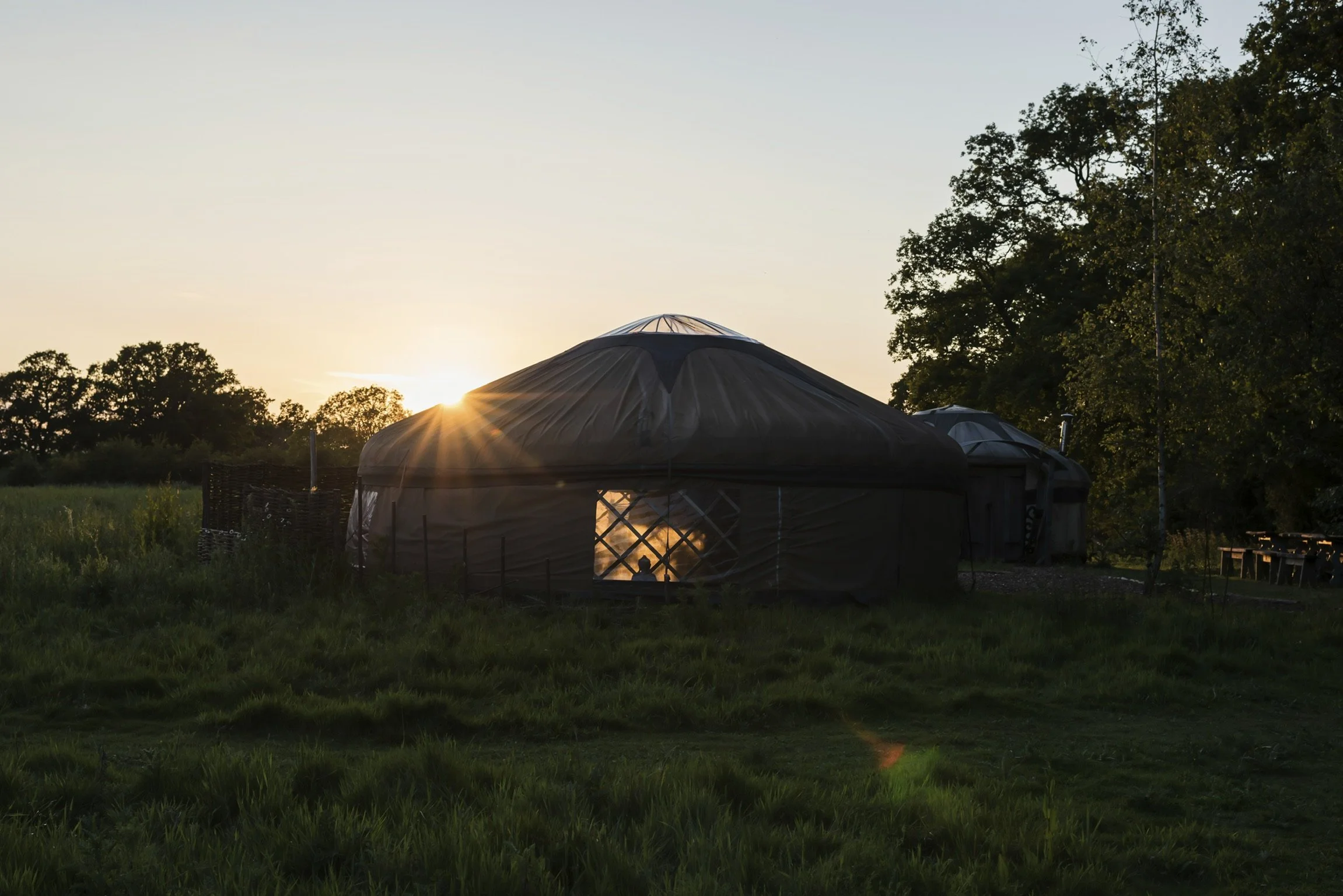 A traditional round yurt hut with a thatched roof, located in a grassy area with trees, during sunset.