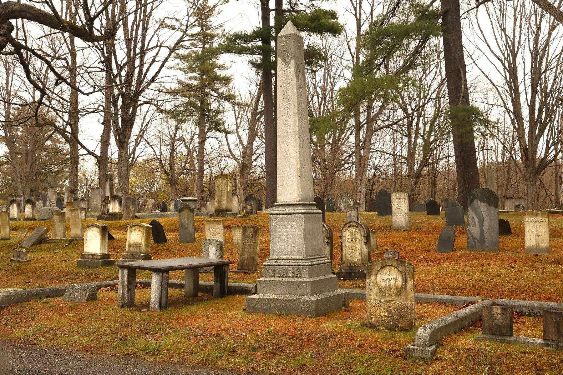 The Clark family graves. The Clarks were the first Anglo settlers of Hallowell. Note the table like headstone which served a a table for people visoting the grave.