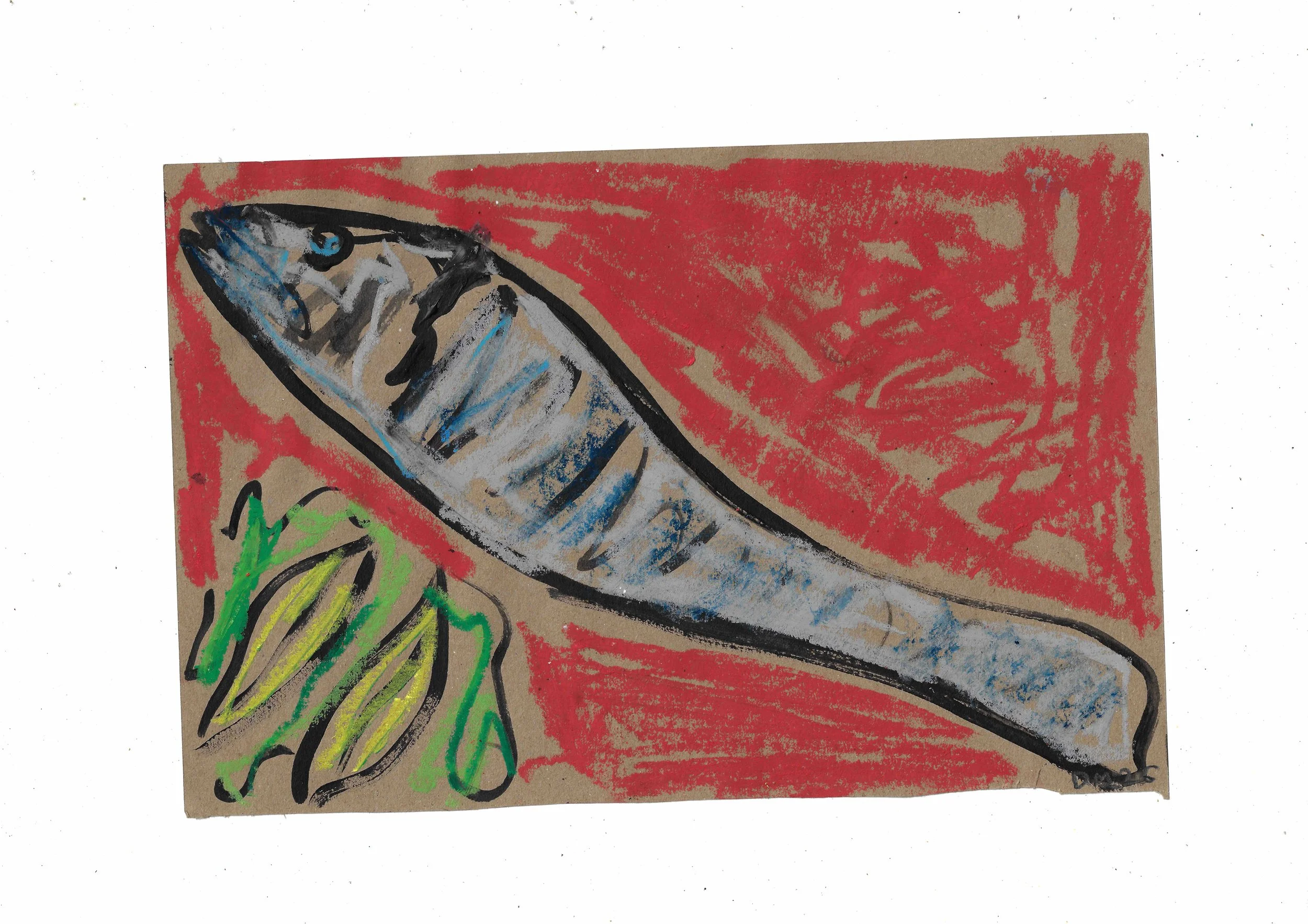 Fish and Lemon - 21x31cm, acrylic and oil pastel on paper