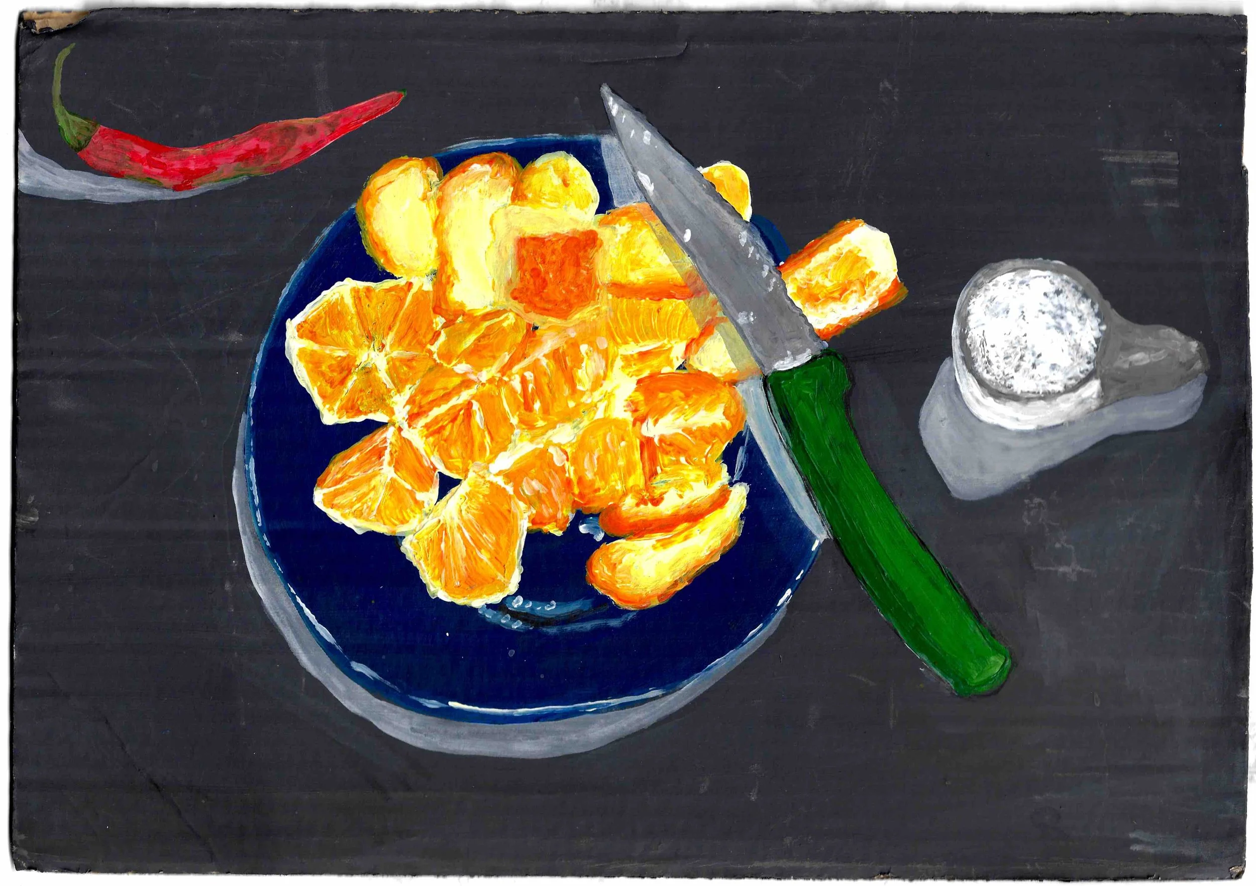 Orange, Chilli, Salt, 35×24cm, acrylic paint on cardboard - available to purchase