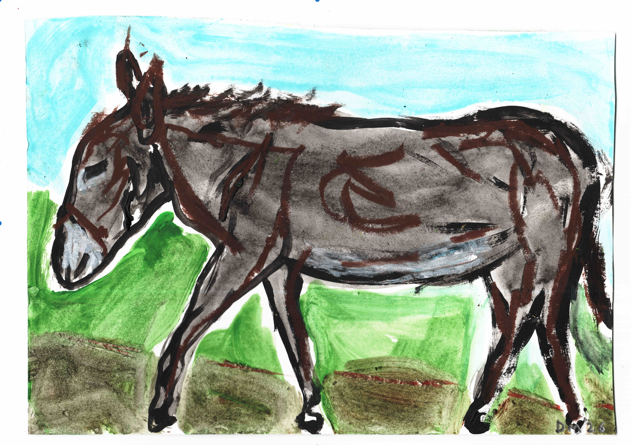 Walking Donkey - 15×21.5cm, acrylic and oil pastel on card, 