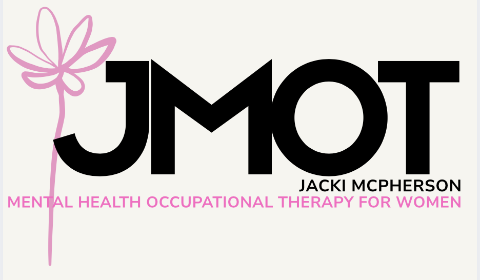 A logo with large black letters "J M O T" and pink text "MENTAL HEALTH OCCUPATIONAL THERAPY FOR WOMEN" below. A pink stylized flower is on the left side of the logo. The name "JACKI MCPHERSON" is below the logo in smaller black letters.
