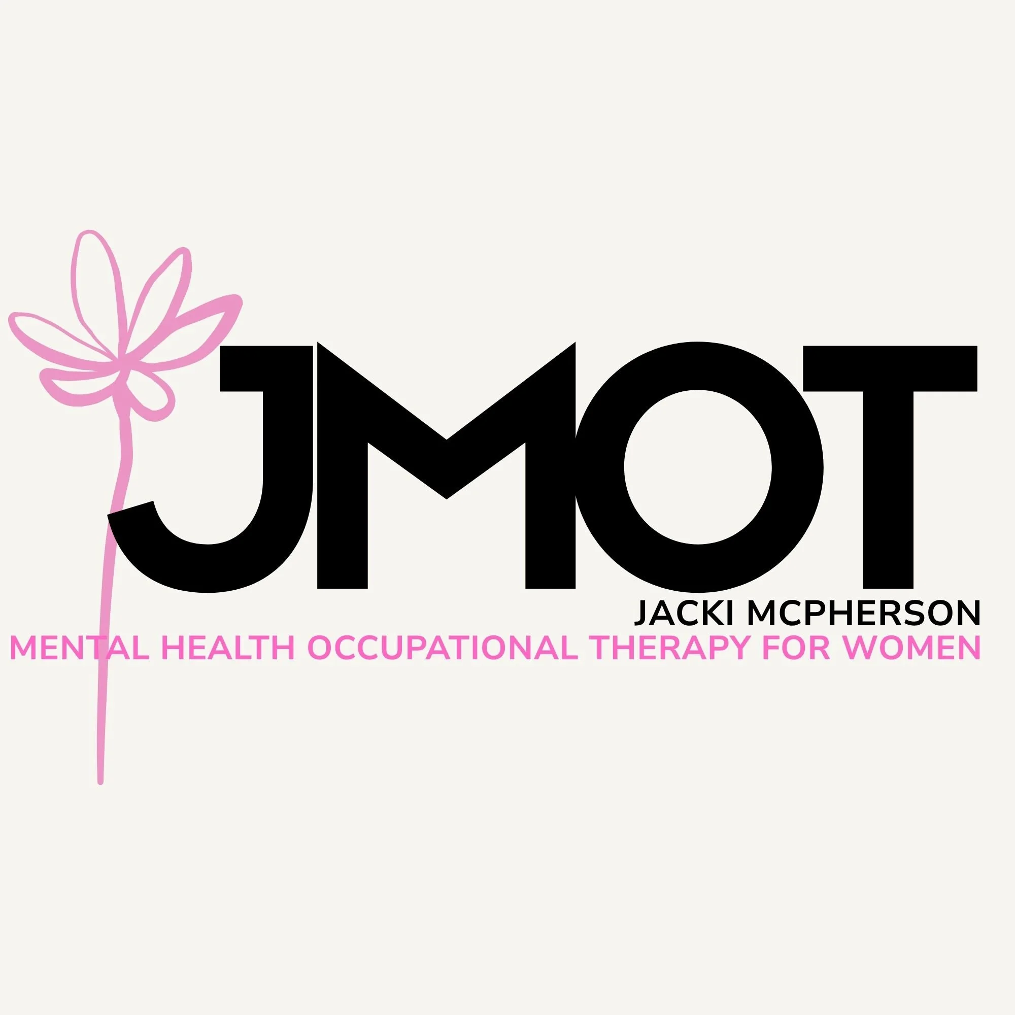Book cover titled 'JOT' by Jacki McPherson, with a pink line drawing of a flower and pink subtitle text about mental health and occupational therapy for women on a white background.