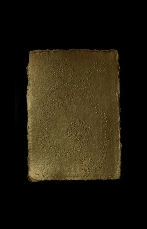 A rectangular object with a rough edge, covered in dots forming a snake shape, against a black background.