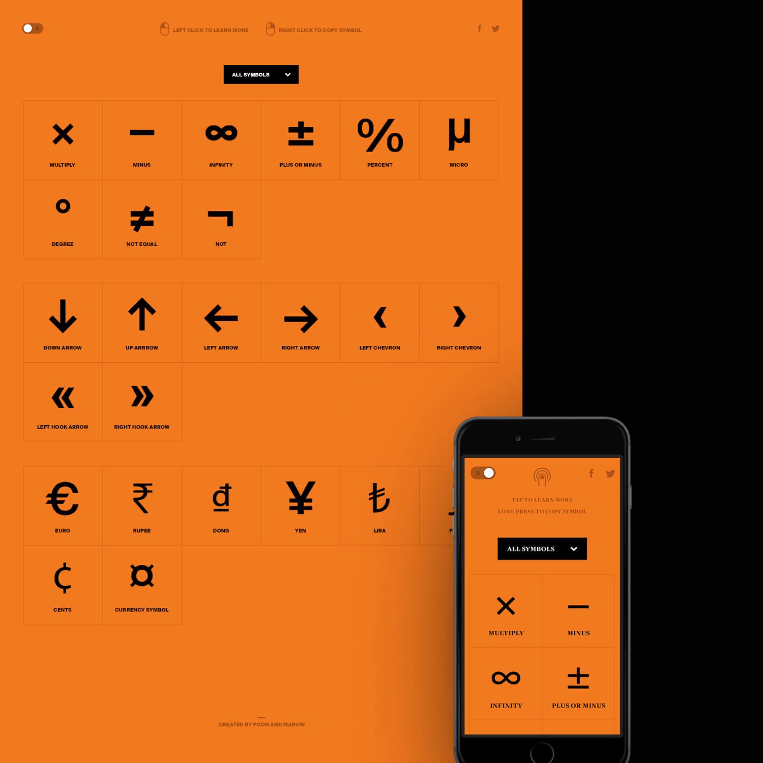 Orange symbol reference poster featuring mathematical and currency symbols, arrows, and various symbols, with a smartphone displaying similar content.