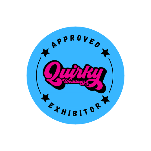 "Quirky Weddings Approved Exhibitor" badge with blue background and stylized pink and black text.