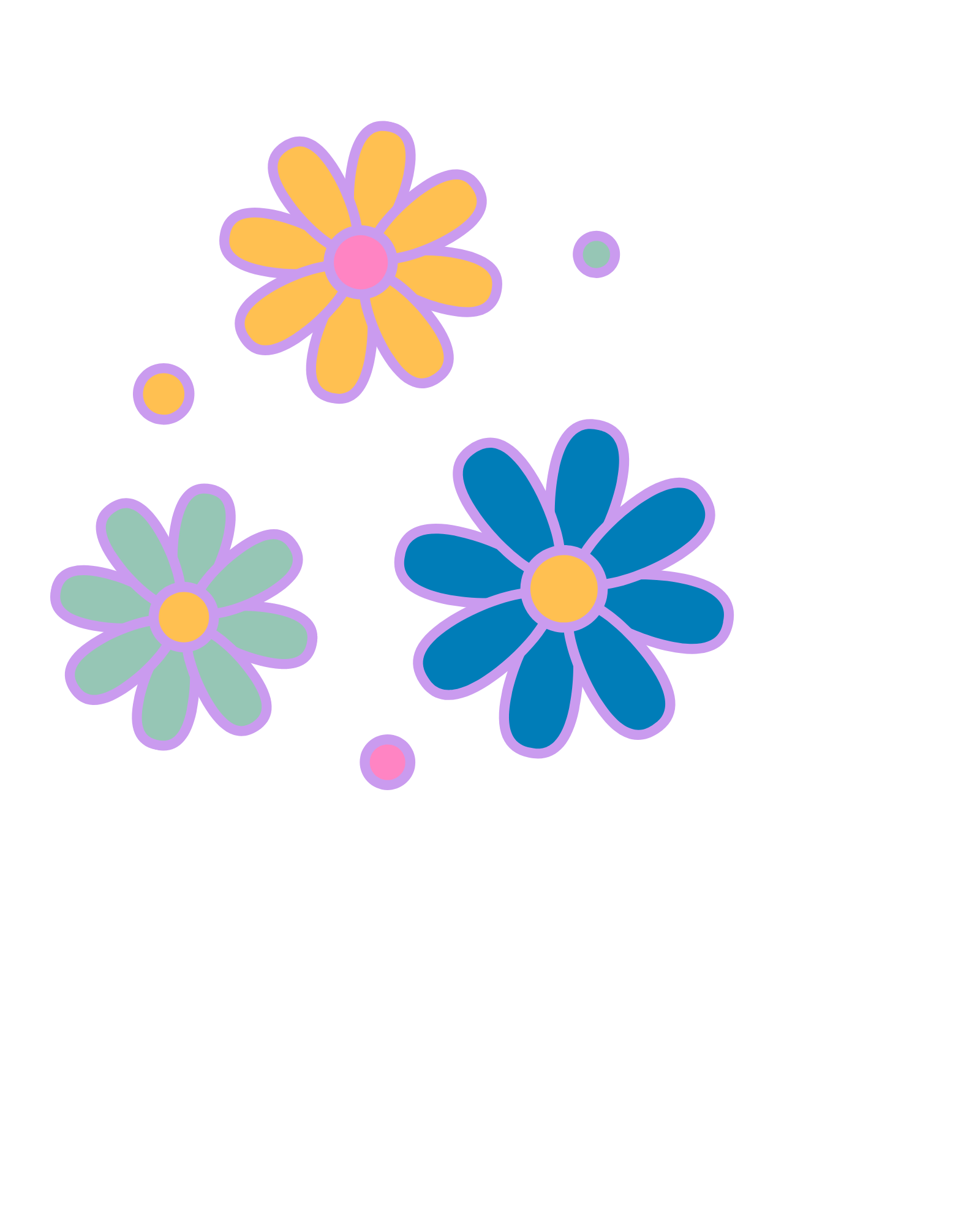 Colorful abstract flowers illustration with pink, orange, green, and blue petals on a black background.