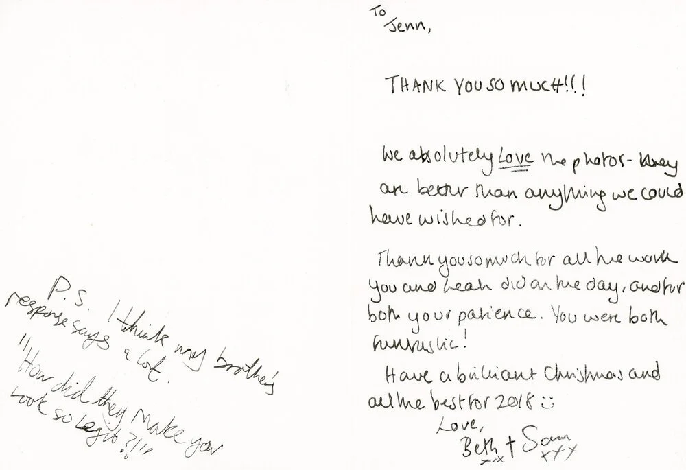 Handwritten thank you note with message of appreciation for photography work, expressing love for the photos and gratitude for patience and effort. Wishes for a brilliant Christmas and a successful 2018. Includes a humorous postscript.