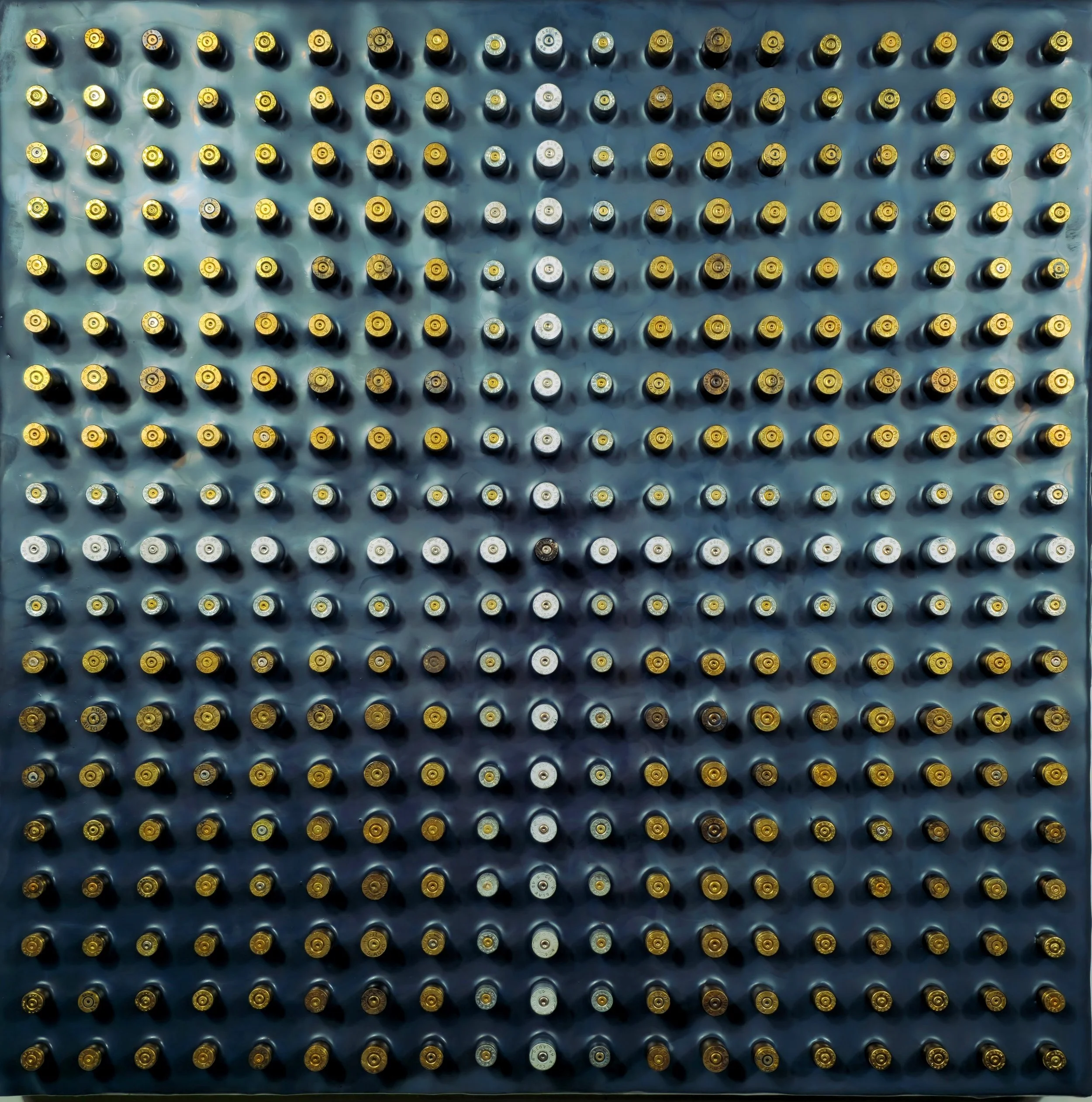 FORMATION AND FALLOUT 
20" x 20" Encaustic, Shell Casings on Deep Cradle Board