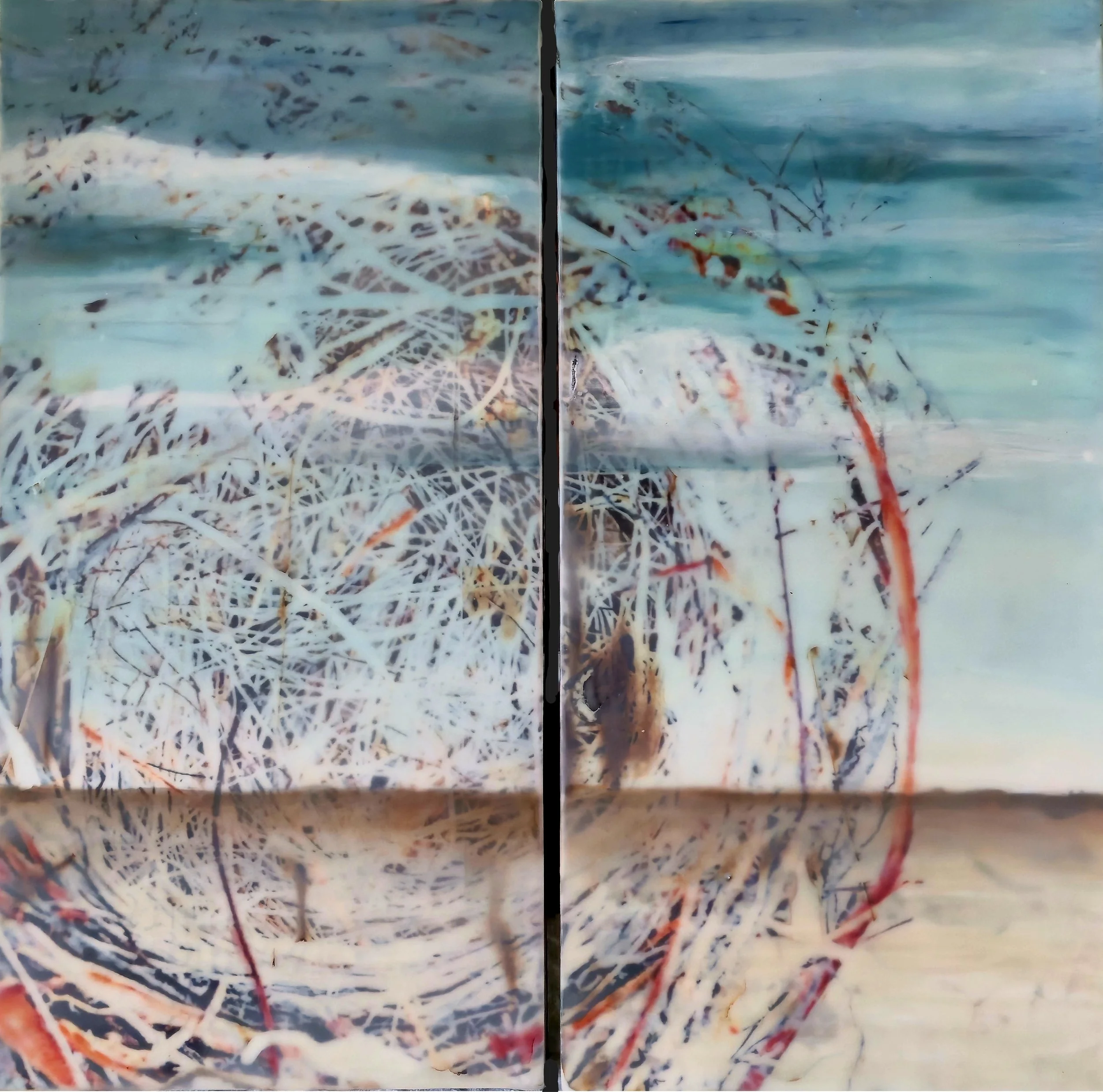 CERULEAN DREAM 
Diptych 16" x 16" - Encaustic, Mixed Media on Deep Cradle Board