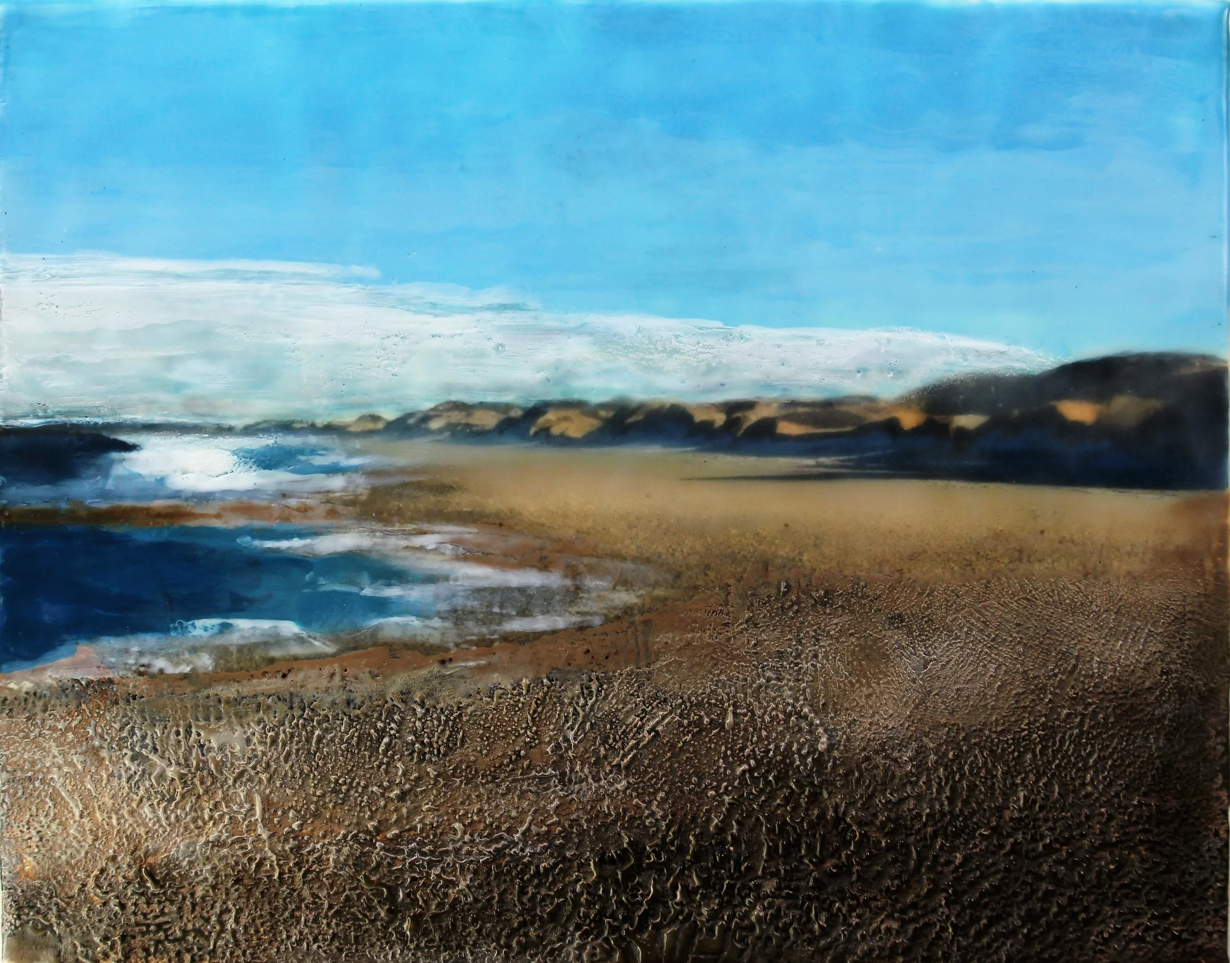 DRIFTING LANDSCAPE  
11"x 14" Photo on Rice Paper, Encaustic with Accretion on Deep Cradle Board