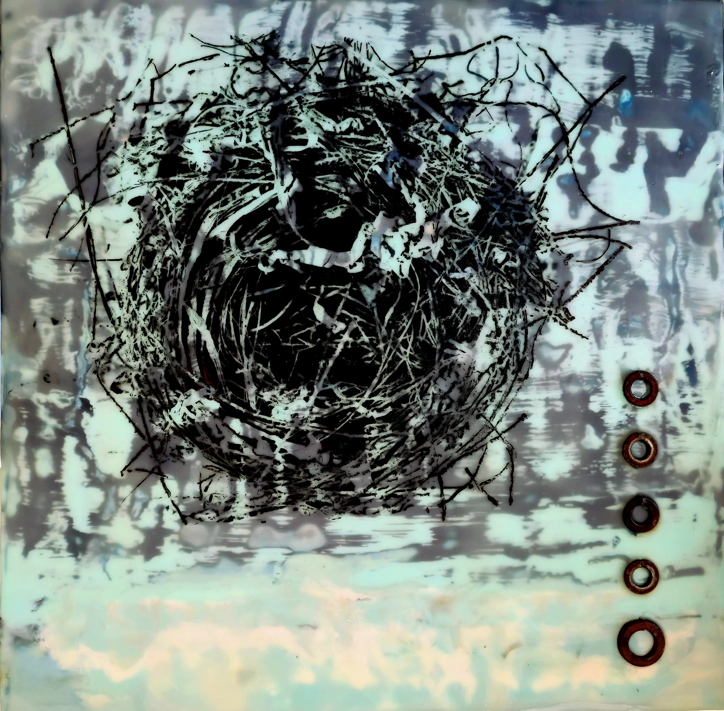 STILLNESS IN INK 
12" x 12" Encaustic, Alcohol Ink, Mixed Media on Deep Cradle Board