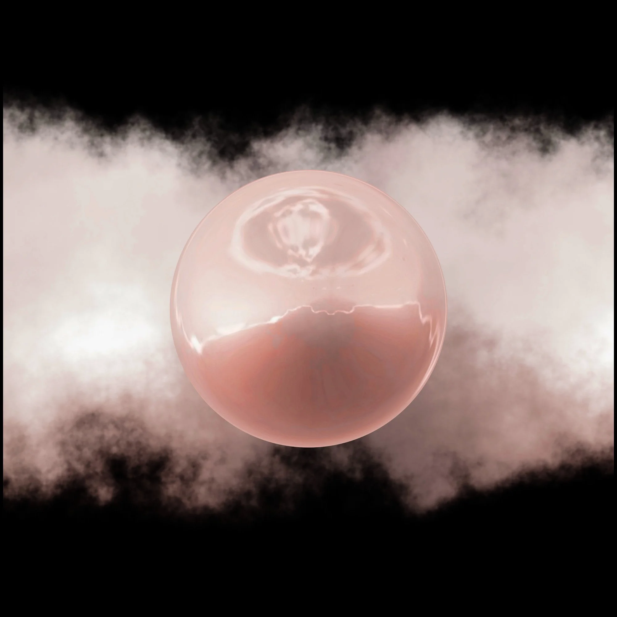A pink light bulb with a cloudy reflection inside, surrounded by a cloud of smoke or fog against a black background.