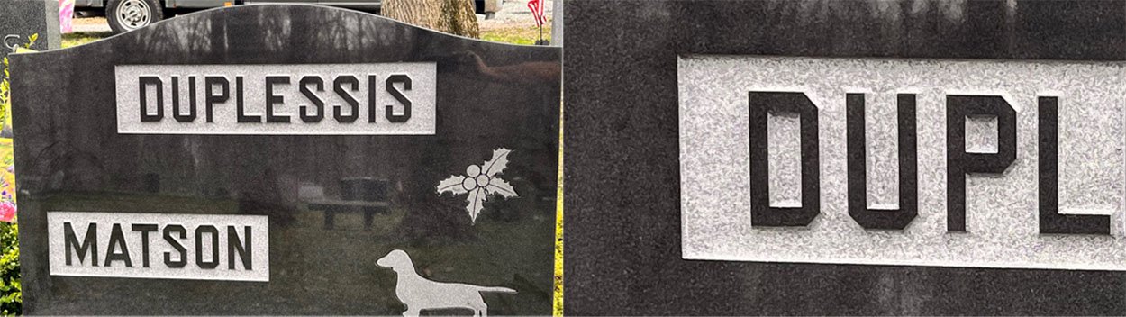 A cemetery headstone for the Duplessis family with the names Matson and Duplics, featuring a holly leaf and a dog silhouette engraved on the stone.