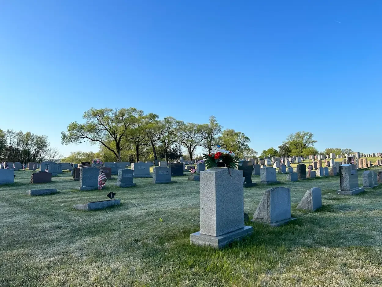 Photo of a cemetery with a blue sky showing the rows of headstones