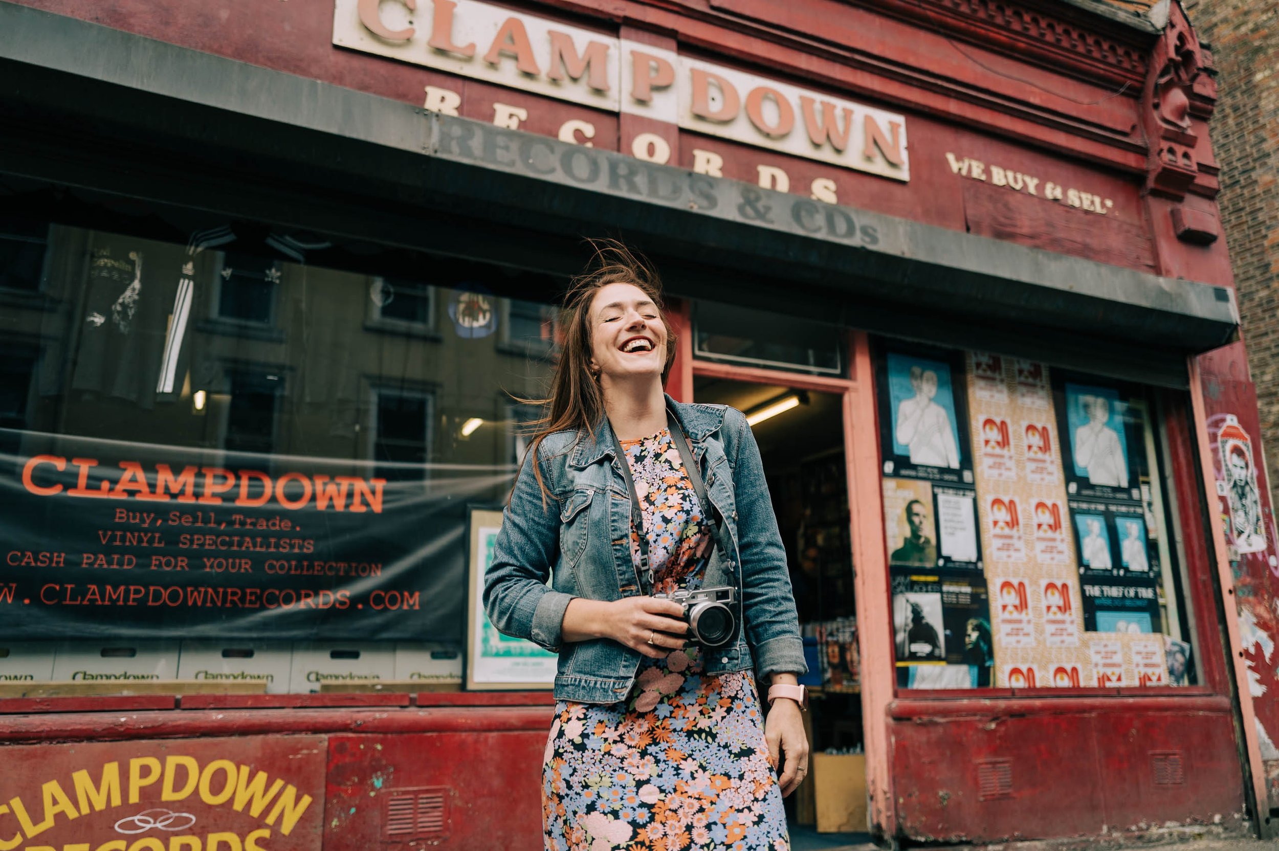 clare robinson photography stood outside clapdown records in manchester city centre