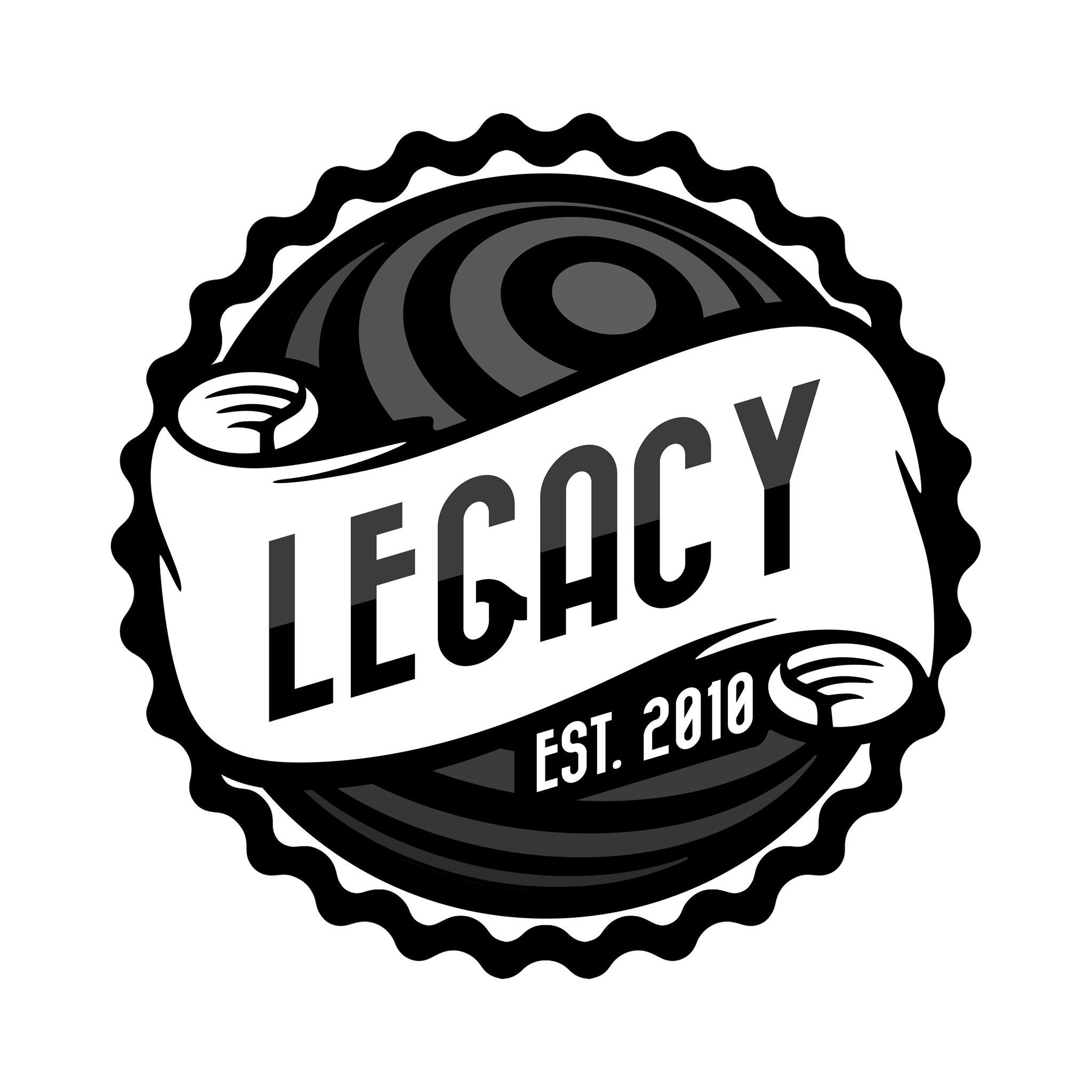Black and white logo featuring a stylized rolled-up document or scroll with the word 'LEGACY' across it and 'EST. 2010' at the bottom, enclosed in a decorative circular border.