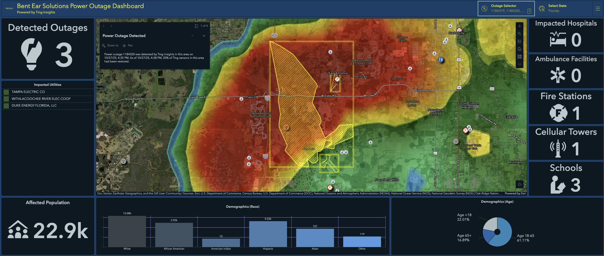 Ting Insights geospatial power outage data — street-level outage and restoration visibility for emergency managers through ArcGIS integration by Bent Ear Solutions.