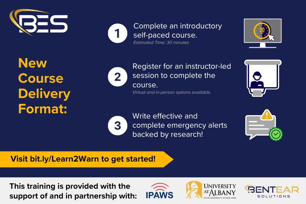 Alerts and Warnings Research Roundup — free virtual webinar presented by the University at Albany, FEMA IPAWS, and Bent Ear Solutions on September 27, 2024.