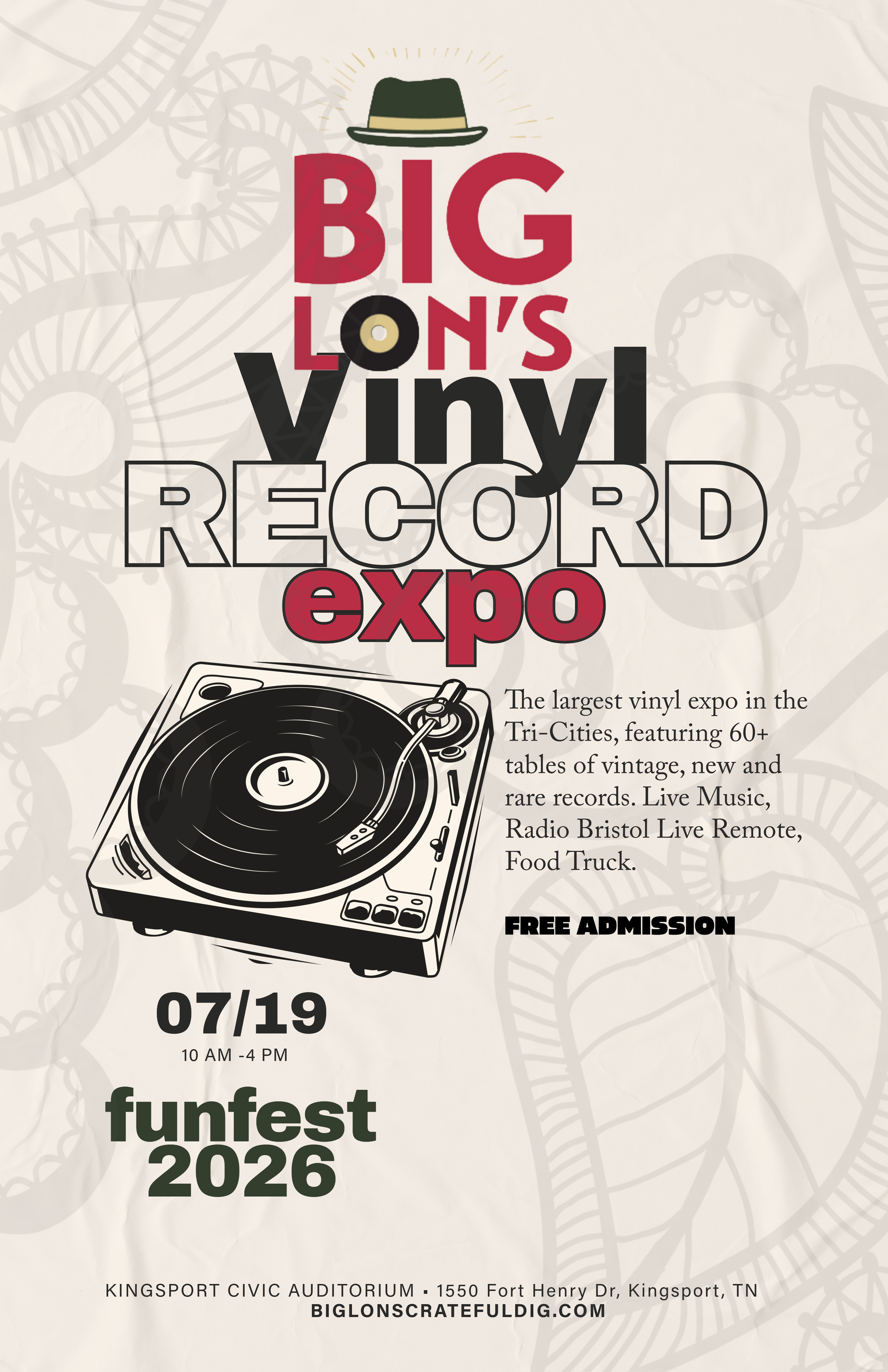 Poster for Big Lon’s Vinyl Record Expo at Funfest 2026 featuring turntable illustration, retro hat logo, and event details in Kingsport, Tennessee.