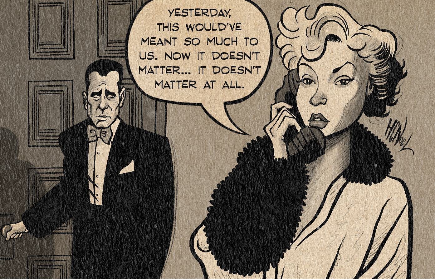 In A Lonely Place. 🎞️ Detail of a scene from my film noir comic of the classic Humphrey Bogart and Gloria Grahame picture. 
Suspicion, pain and anger prove too much for a couple struggling to stay together. 
Have you seen this movie?
What classic fi