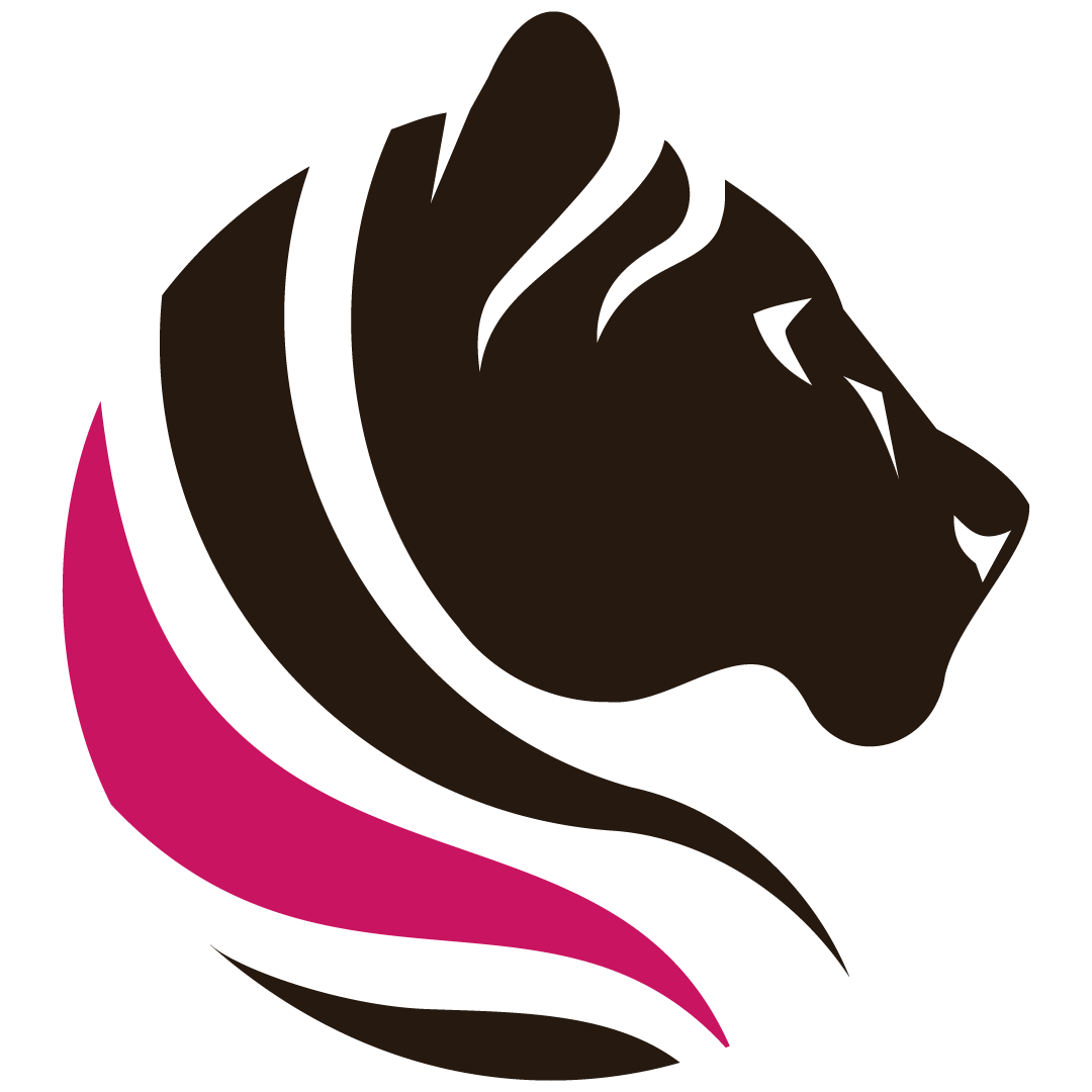 Grafisches Logo eines Löwenkopfes in Braun mit rosa Akzent