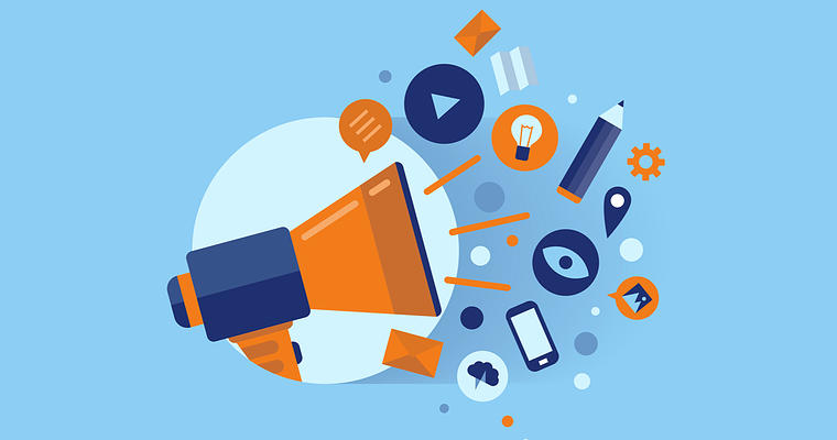 Illustration of a megaphone with icons representing communication, social media, and digital tools bursting out, on a blue background.