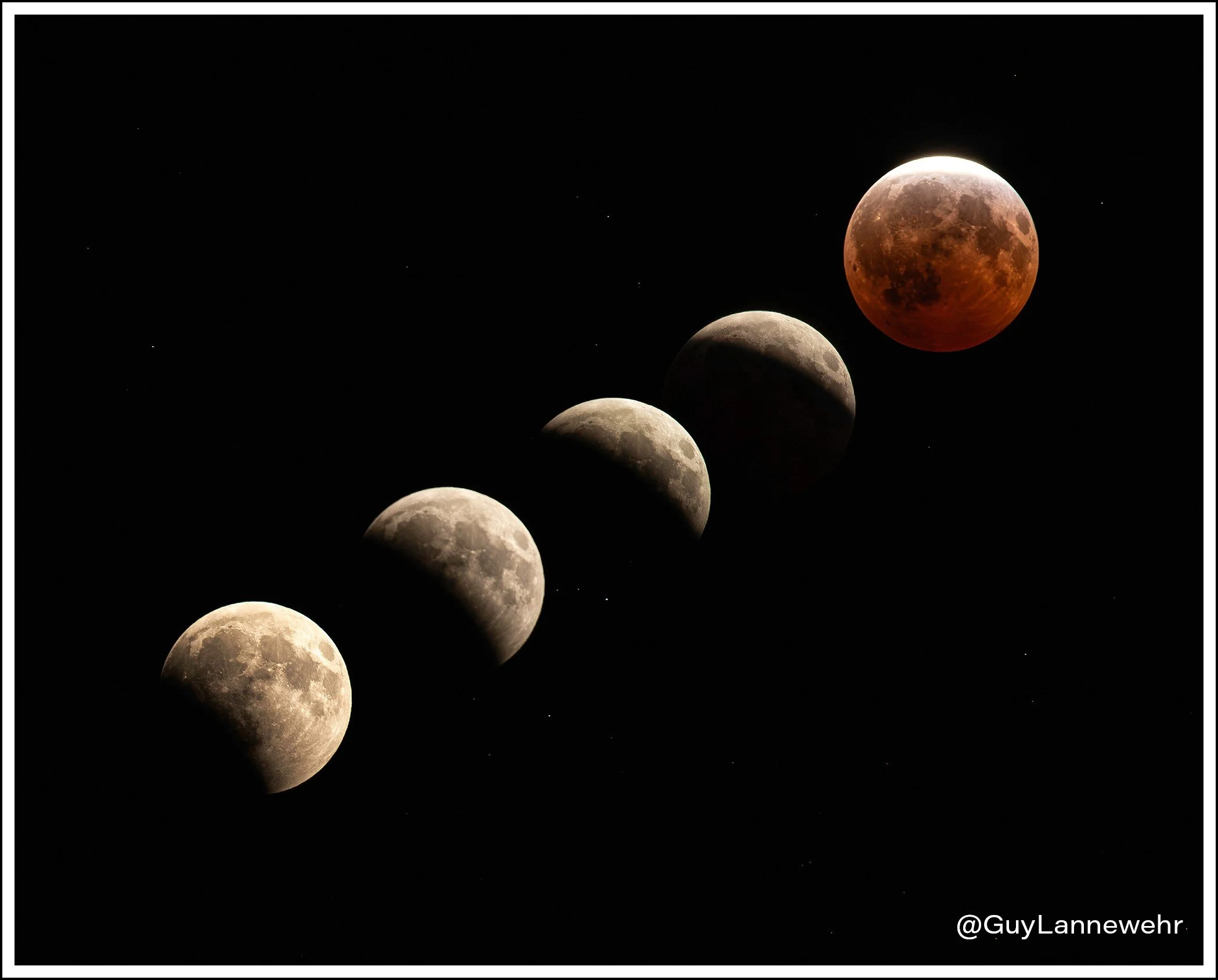 Perfect evening for an eclipse. This sequence was about 15 minutes apart. Now have to wait about 3 more years for the next 2 eclipses.

I was standing amongst a massive amount of Orb Weaver spiders, I couldn't sit, lean against the building or the ra