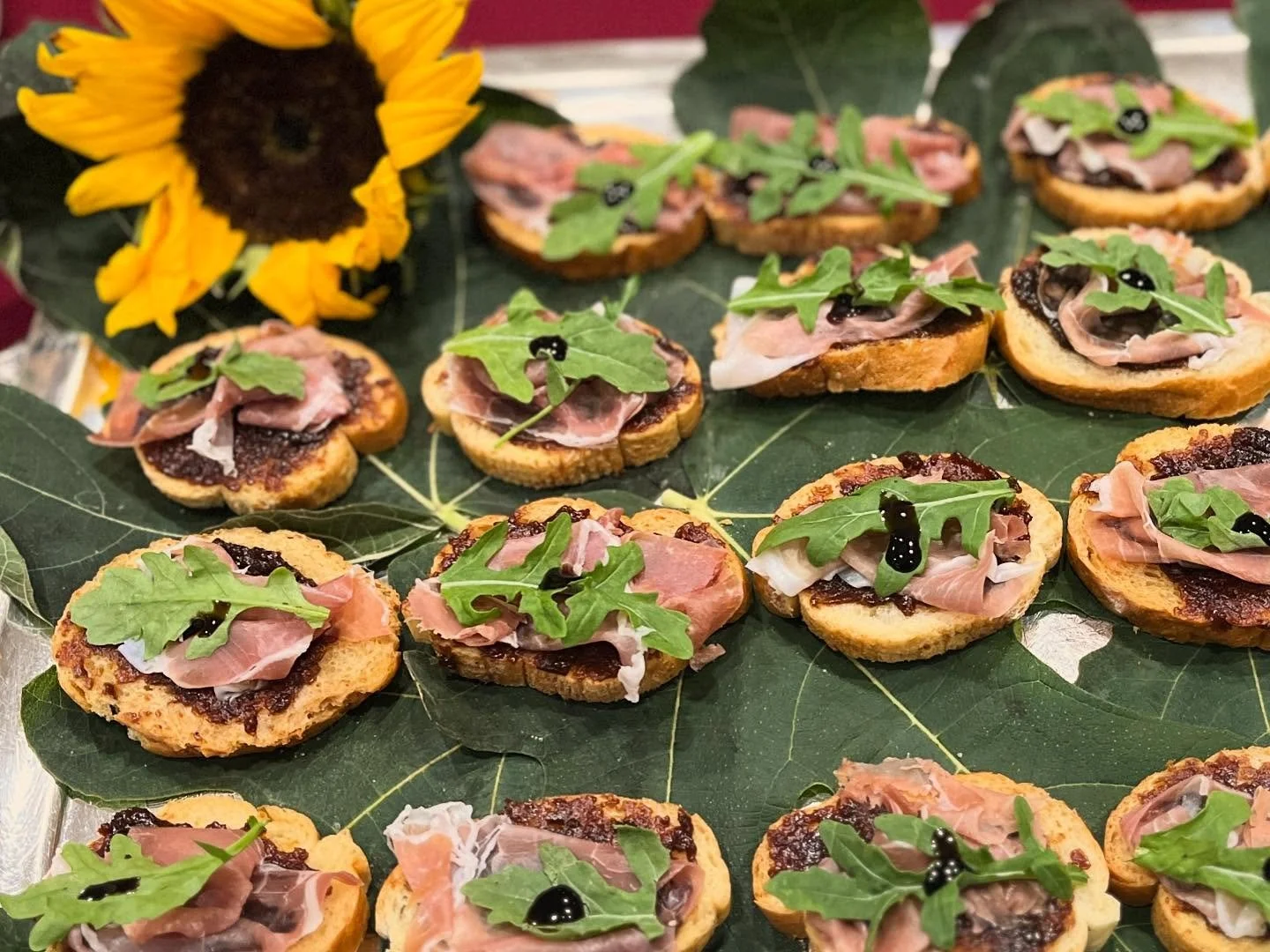 Corporate reception cocktail supper staples: Party Bee Crostini, Grilled Pimento Cheese, Caprese Skewers and Shrimp and Grit cups.