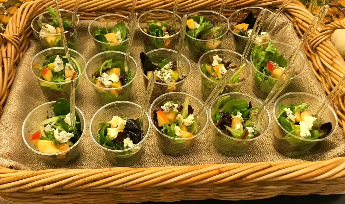 It’s that time of year where we are making our Autumn Salad- this time in little cups for grab-and-go at a bon fire themed casual party: Arugula, mixed greens, pears, apples, cranberries, candied pecans, and the best balsamic vinaigrette with g
