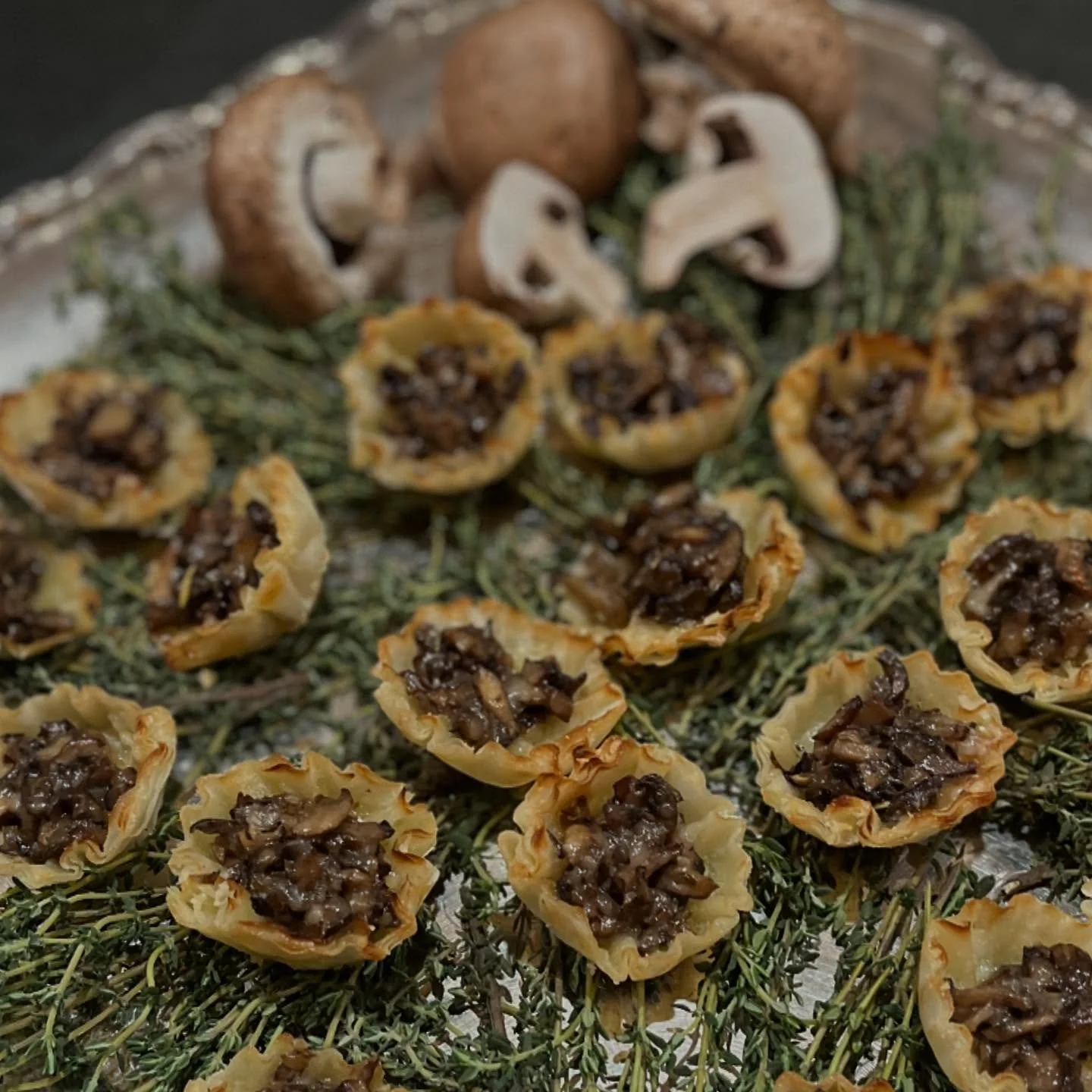 Mushroom croustades in filo cups are a warm and cozy treat at our autumn cocktail suppers