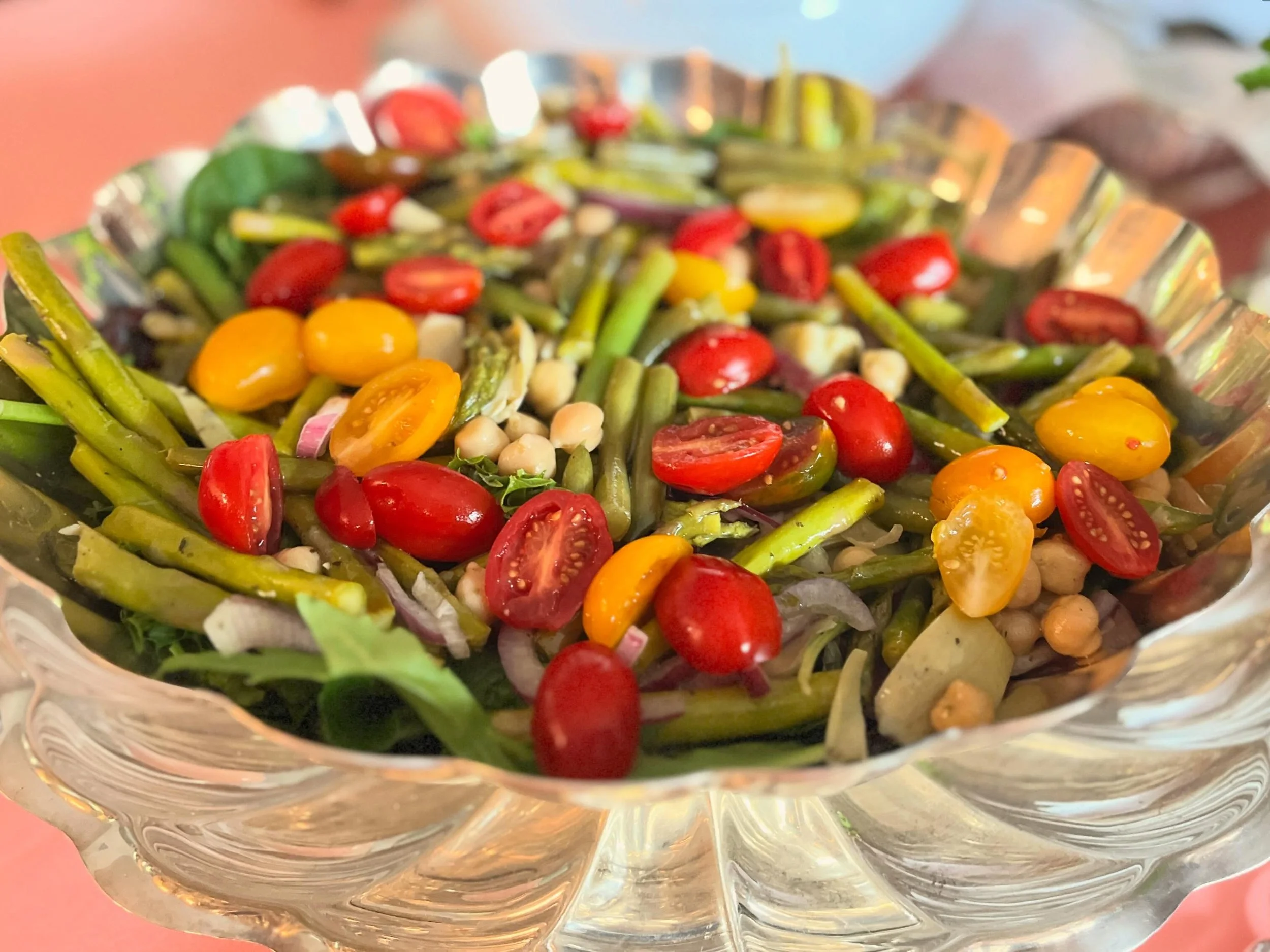 Some of our favorite side salads on offer at BBQs, luncheons and open house graduation parties this weekend: marinated vegetable salad with artichokes, asparagus, green beans, chickpeas, red onions and cherry tomatoes in a sherry vinaigrette, Souther