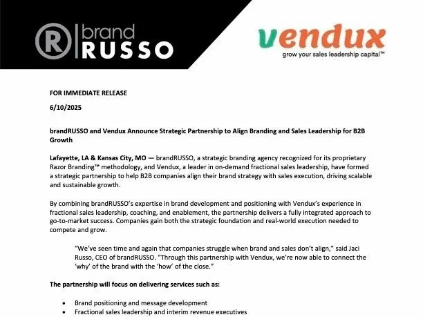 brandRUSSO and Vendux Announce Strategic Partnership to Align Branding and Sales Leadership for B2B Growth