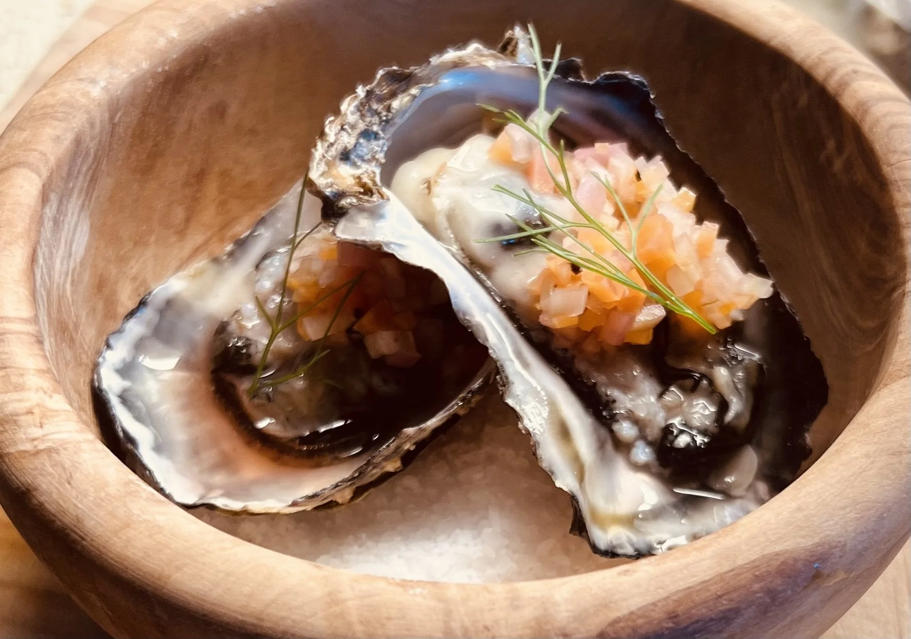 Totten Inlet oysters on the half with pickled veggie mignonette. 