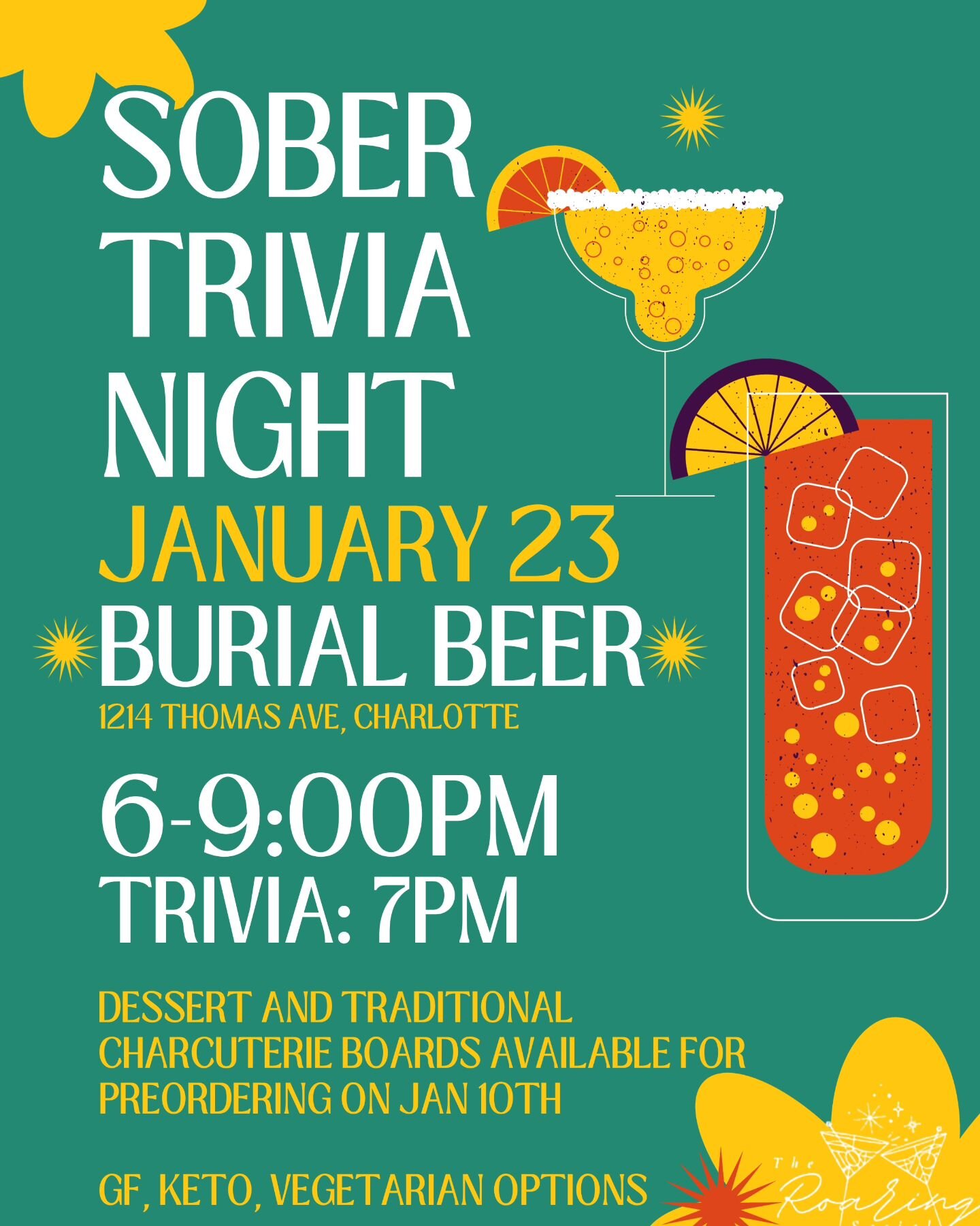 Next up! 
Sober Trivia Night at @burialclt . 
Join us for an unforgettable evening at our Sober Trivia Night with The Roaring Social and Burial Beer! We're thrilled to introduce Burial Beer&rsquo;s brand new Zero Proof Cocktail Menu, showcasing delic