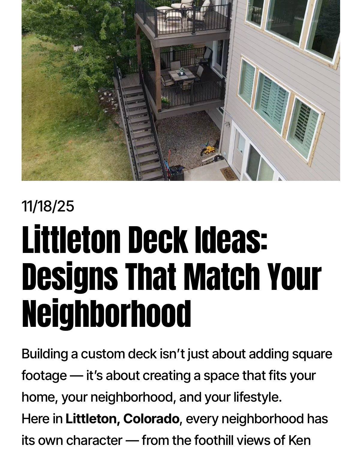 🏡 𝐋𝐢𝐭𝐭𝐥𝐞𝐭𝐨𝐧 𝐝𝐞𝐜𝐤 𝐢𝐝𝐞𝐚𝐬 𝐭𝐡𝐚𝐭 𝐟𝐢𝐭 𝐲𝐨𝐮𝐫 𝐧𝐞𝐢𝐠𝐡𝐛𝐨𝐫𝐡𝐨𝐨𝐝 (𝐚𝐧𝐝 𝐲𝐨𝐮𝐫 𝐥𝐢𝐟𝐞).
From modern entertaining in Sterling Ranch to craftsman warmth in Old Littleton&mdash;and covered, year-round decks in TrailMark&m