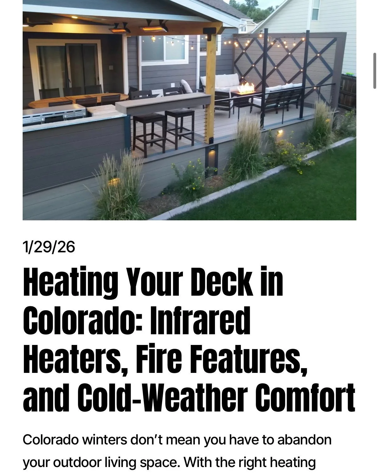 🔥 Yes, you can use your deck in winter.
Our new guide breaks down what works in Colorado: infrared heaters (best under a cover), fire features for cozy nights, plus the real keys&mdash;coverage, wind protection, and smart seating. Add dry-below, lig