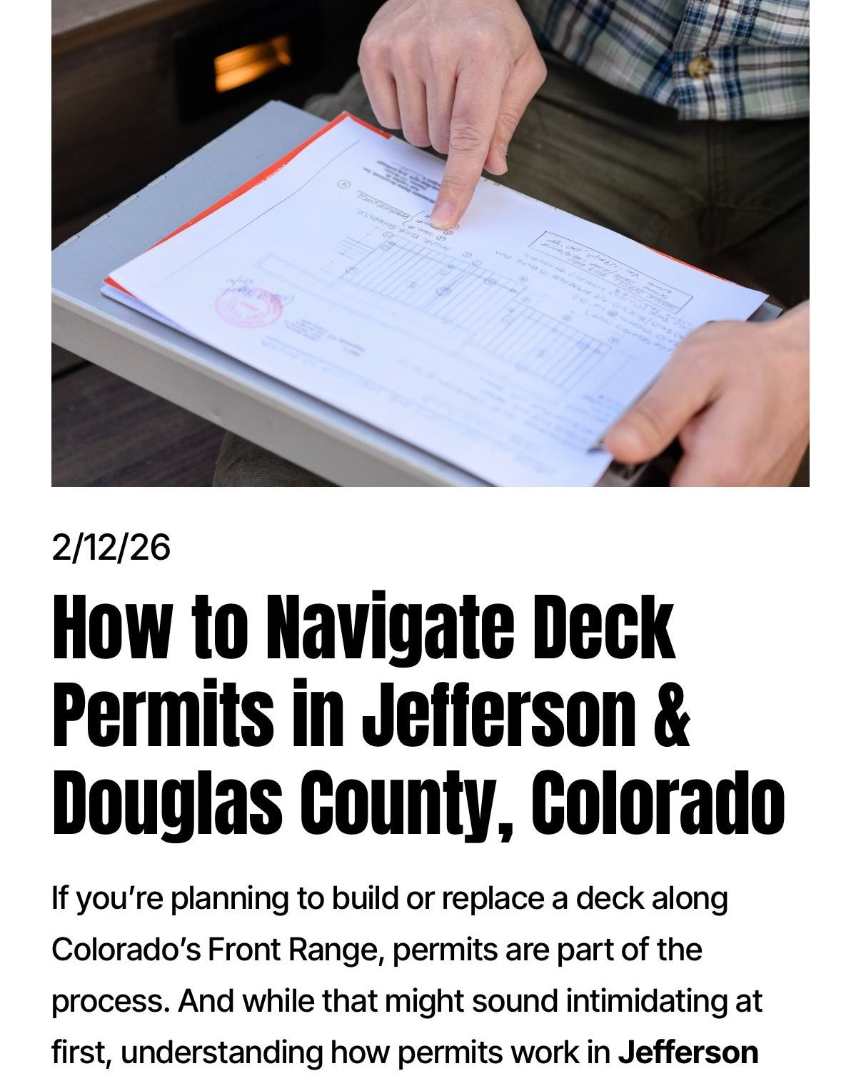 📝 Do you need a deck permit in Jefferson or Douglas County?
Short answer: usually yes. Our new guide breaks down when permits are required, who to apply with (city vs. county), what plans/engineering you&rsquo;ll need, and how HOAs fit in&mdash;so y