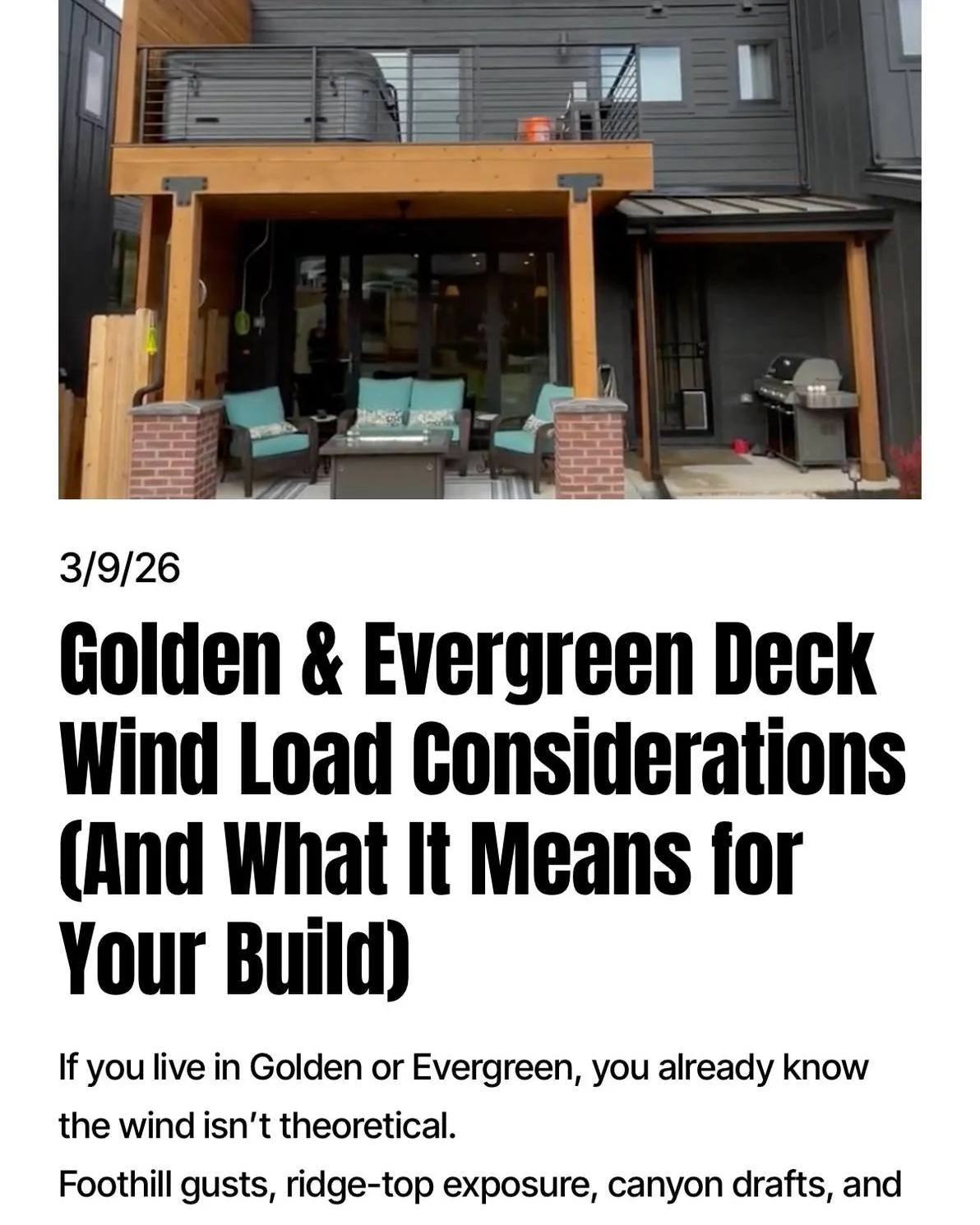 💨 Foothill wind changes how your deck should be built.
Golden + Evergreen lots deal with ridge gusts, canyon drafts, and real uplift forces&mdash;especially on elevated decks and covered structures. Our new blog explains what wind load means and why