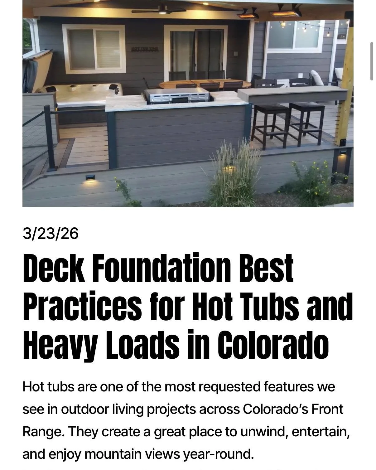 🛁 Hot tub on a deck? Don&rsquo;t guess... engineer it.

Hot tubs create concentrated loads that can exceed what a typical deck is designed to carry, especially with Colorado soils and freeze&ndash;thaw.

Our new guide covers the foundation + framing