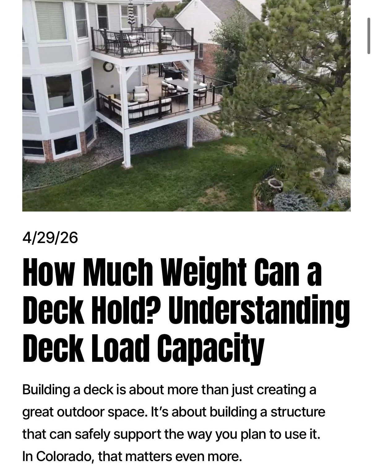 🏗️ How much weight can your deck hold?
In Colorado, load planning has to account for snow, elevation, and heavier outdoor features (hot tubs, kitchens, covers). Our new guide explains what affects deck load capacity&mdash;and why engineering matters