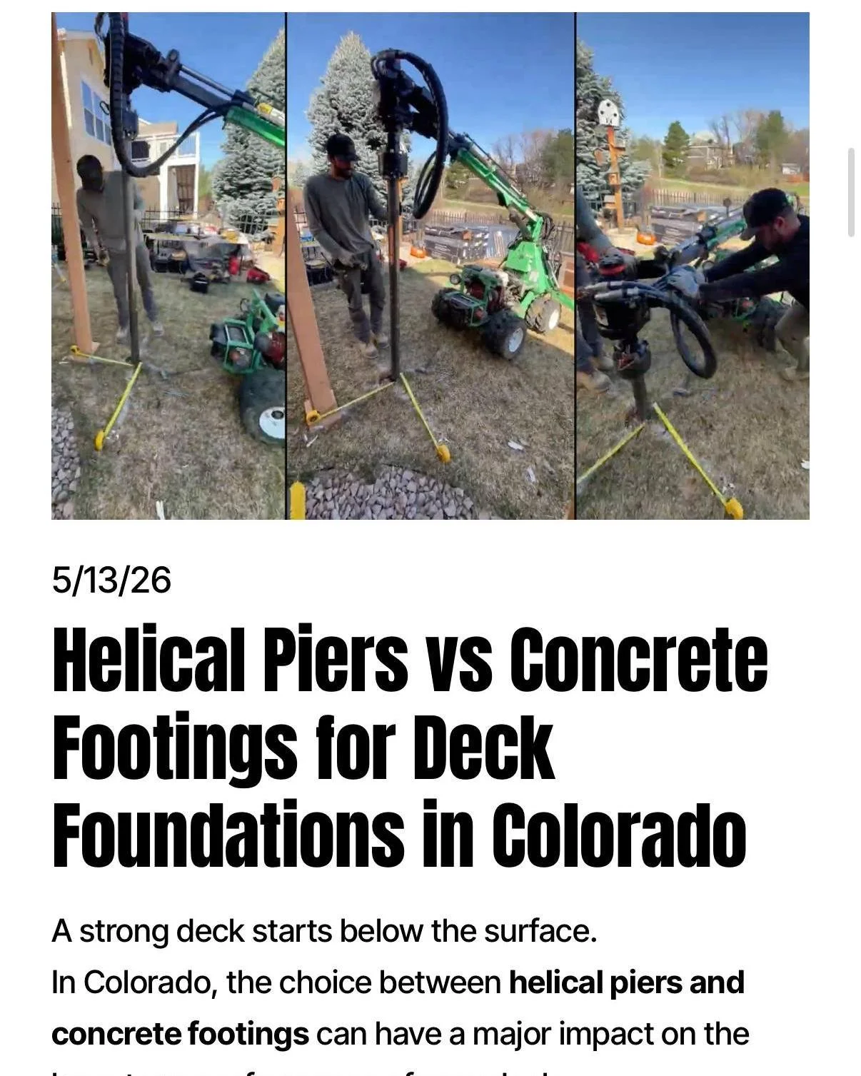🏗️ Helical piers vs. concrete footings&mdash;Colorado edition.

Not every yard is &ldquo;standard&rdquo; here. Slopes, soil variation, and freeze&ndash;thaw cycles can change what your deck needs underneath. Our new guide compares helical piers and 