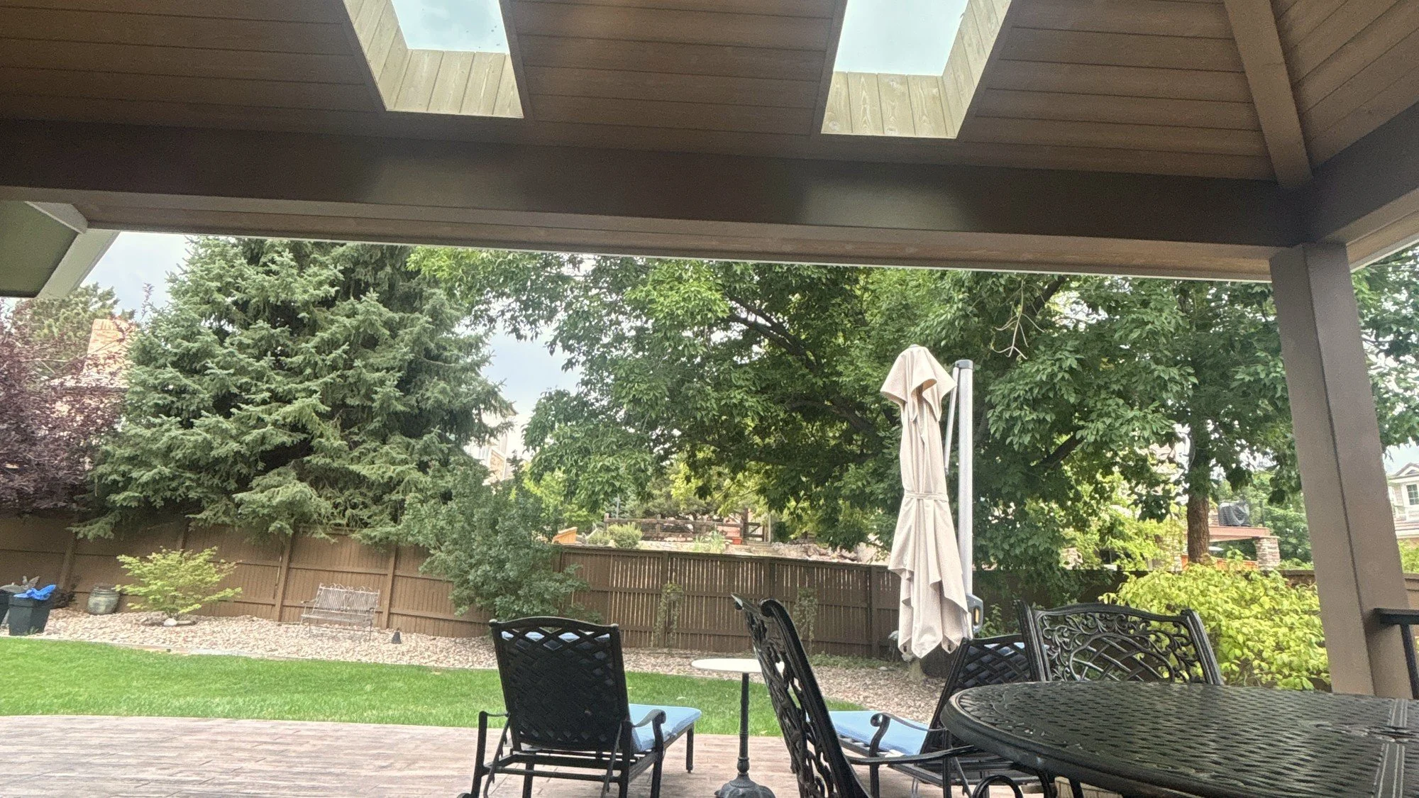 Skylights and ceiling detail on a covered patio in Colorado