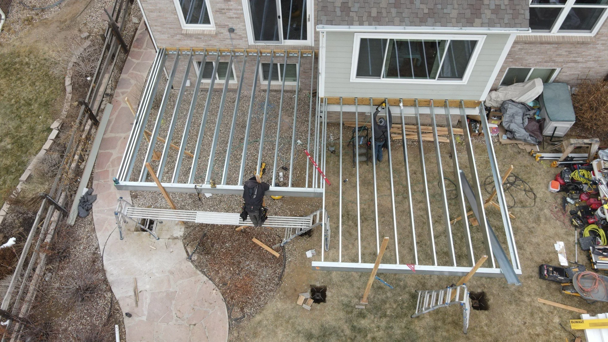 Steel deck framing under construction before decking is installed, Colorado