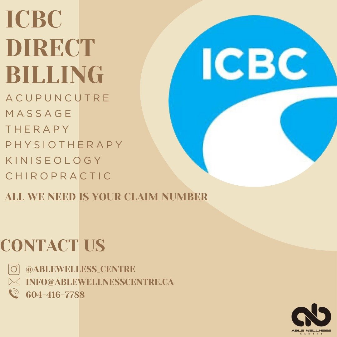 At Able Wellness Centre we offer seamless transactions through direct billing to ICBC.

Through ICBC you are pre-approved for treatment sessions:

🐻Acupuncture: 12 weeks
🐮RMT: 12 weeks
🐒Physio: 25 weeks
🦓Chiro: 25 weeks
🐯Kin: 12 weeks

All we ne