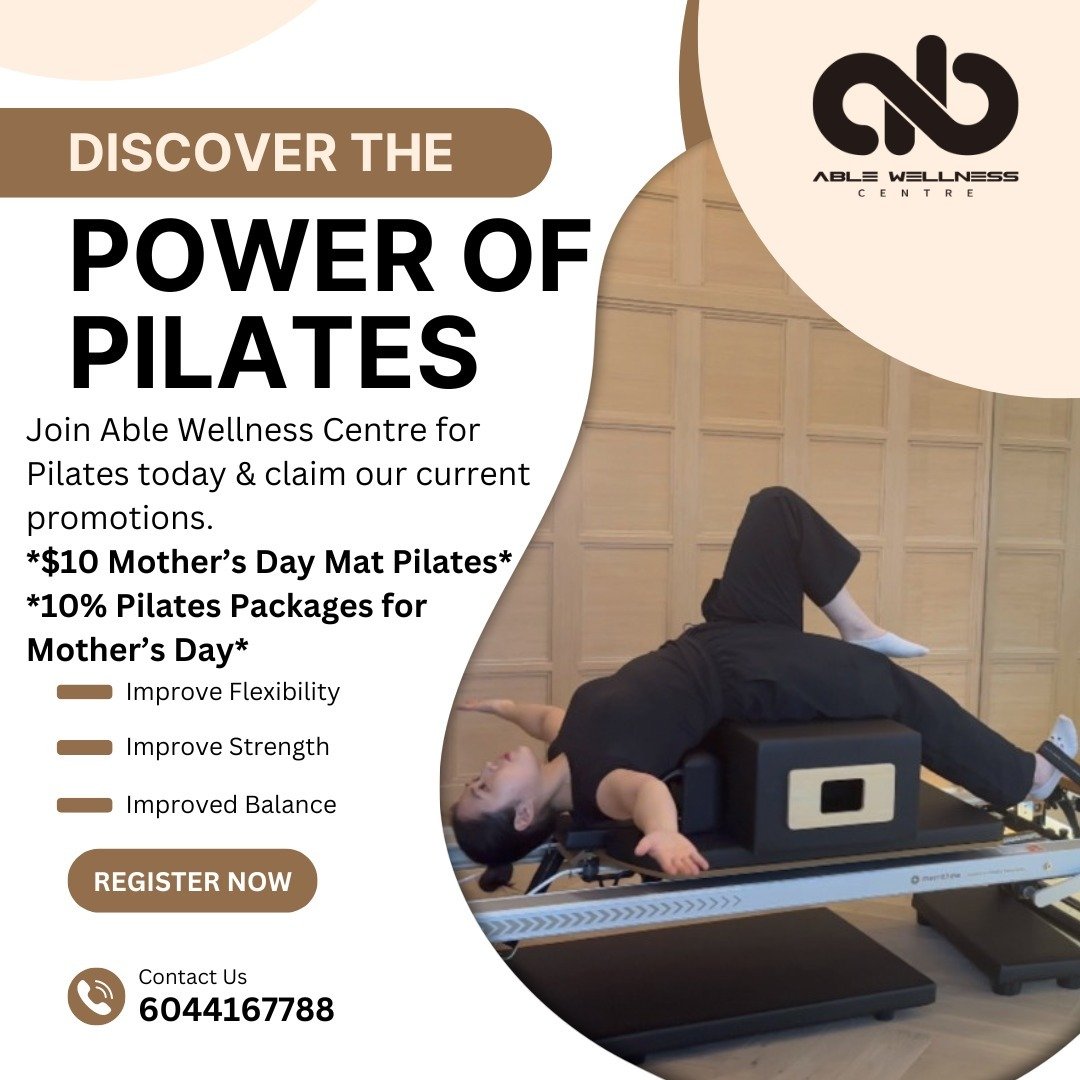 Discover the Power of Pilates with Able Wellness Centre.

Pilates can help strengthen your body and improve flexibility.

Currently at Able Wellness Centre we have Pilates Promotions happening for the month of May:

🌈10% off Pilates Packages for Mot