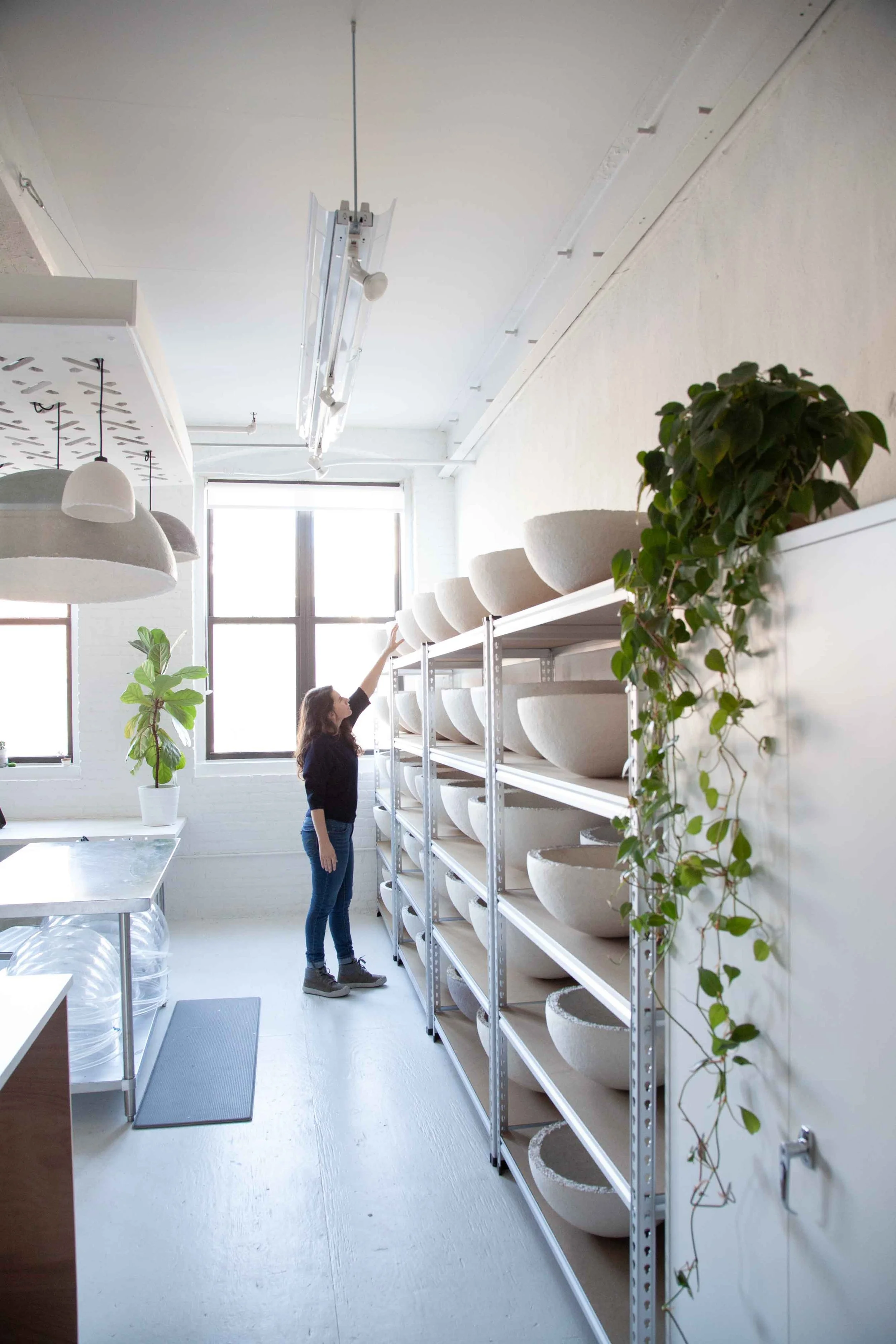 Danielle Trofe founder of MushLume in Brooklyn studio mycelium lampshades